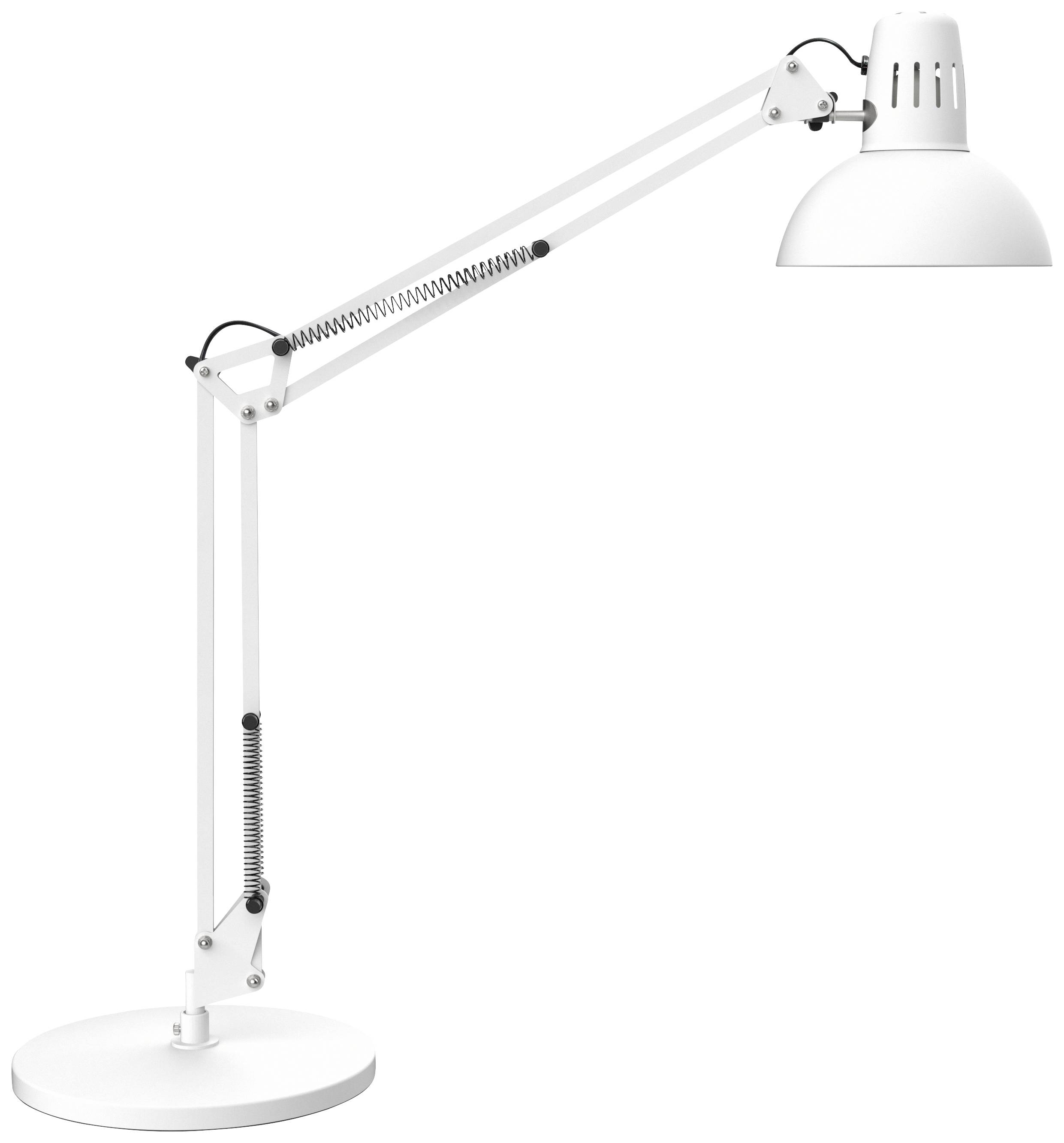 Weiße, verstellbare Schreibtischlampe mit rundem Fuß und Gelenkarmen. Sie hat einen halbkugelförmigen Lampenschirm und Drahtfedern.
