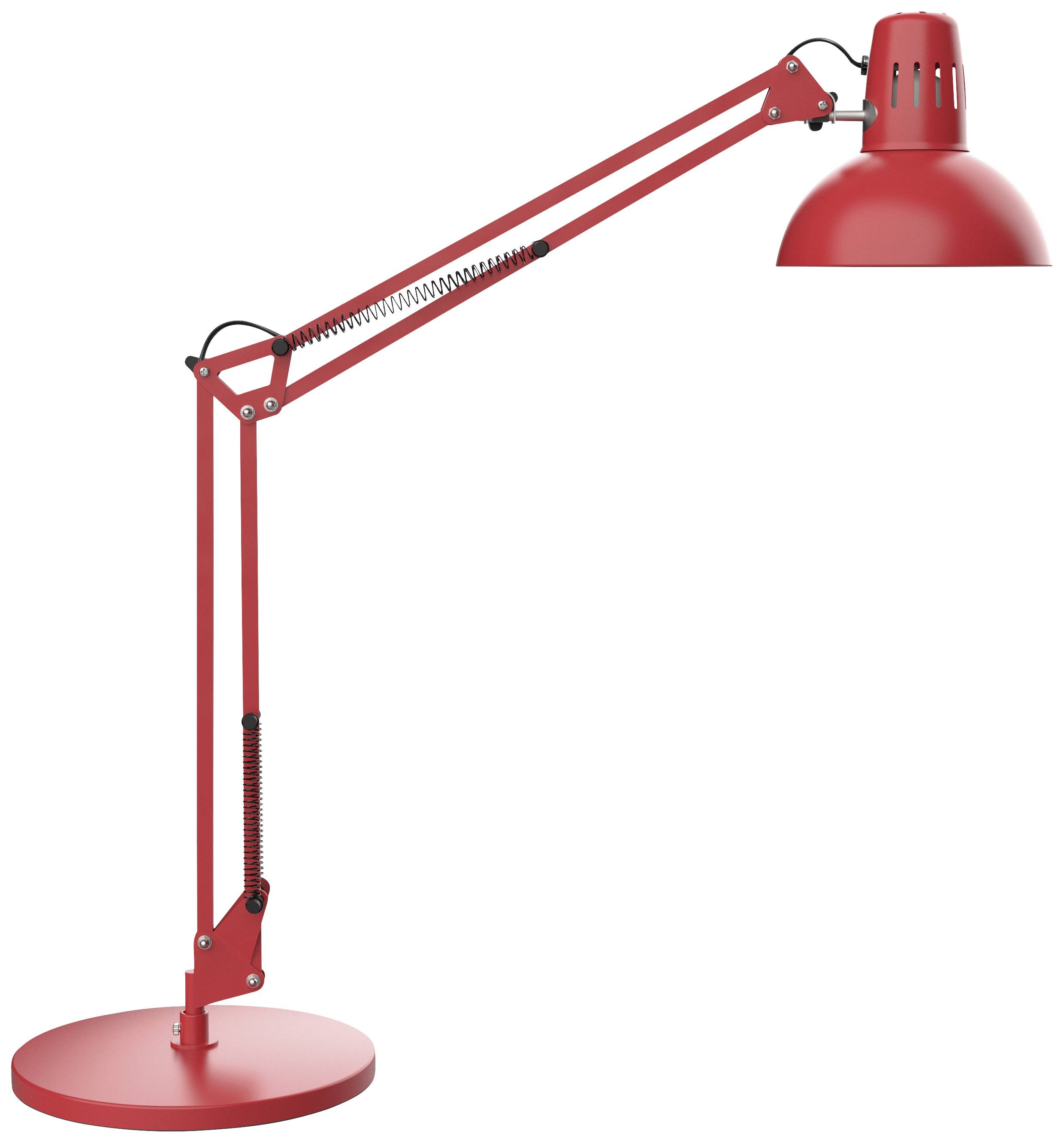 Rote, verstellbare Schreibtischlampe mit rundem Fuß und einem großen Lampenschirm. Ideal für konzentriertes Arbeitslicht.