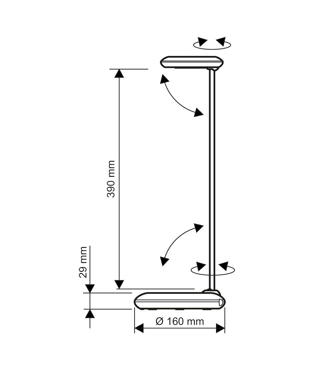 Einfache Zeichnung einer Stehlampe mit Maßen: Höhe 390 mm, Basisdurchmesser 160 mm. Obere und untere Teile rotierbar.