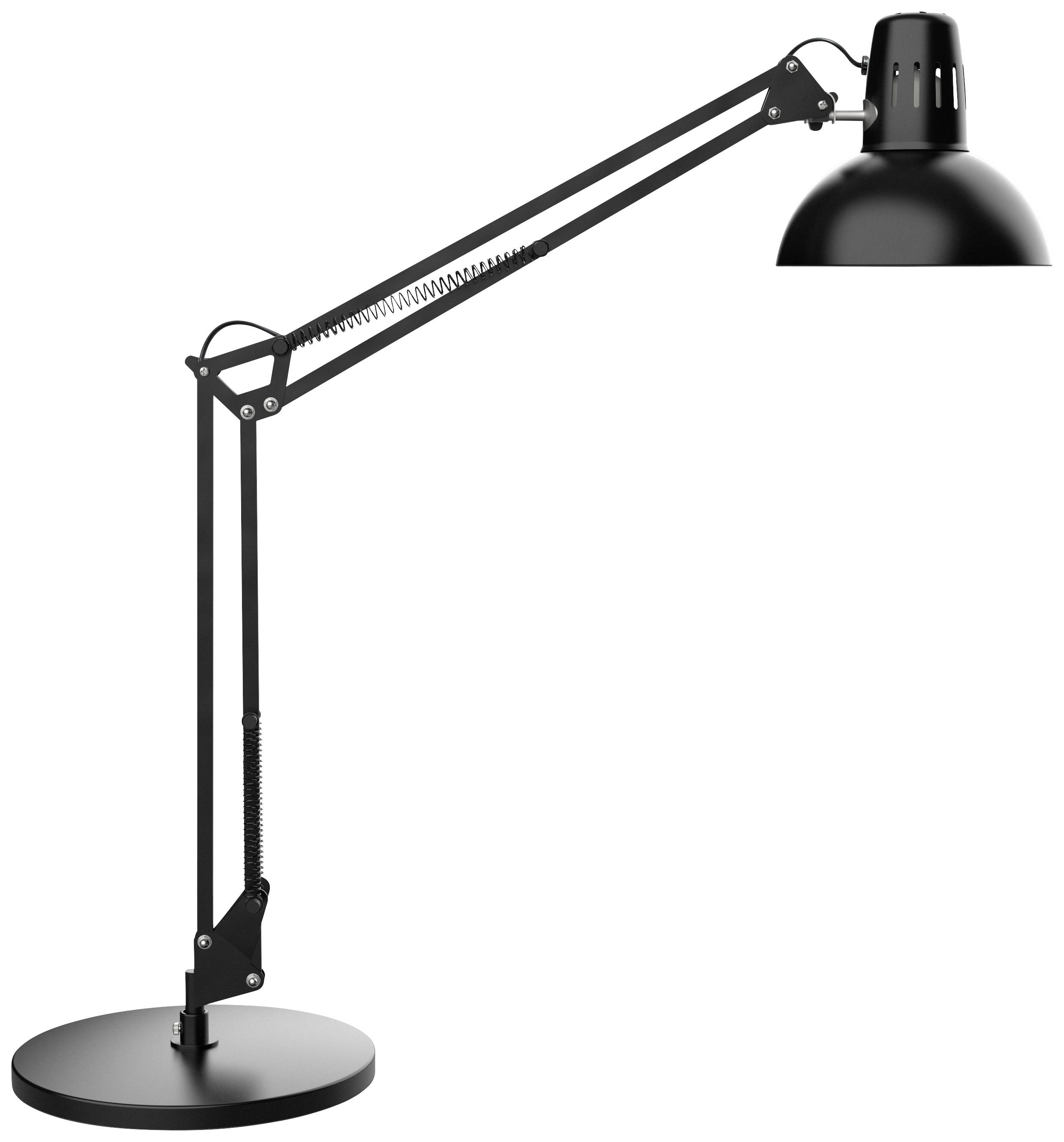 Schwarze Schreibtischlampe mit verstellbarem Arm und runder Basis; moderne und funktionale Beleuchtungslösung.