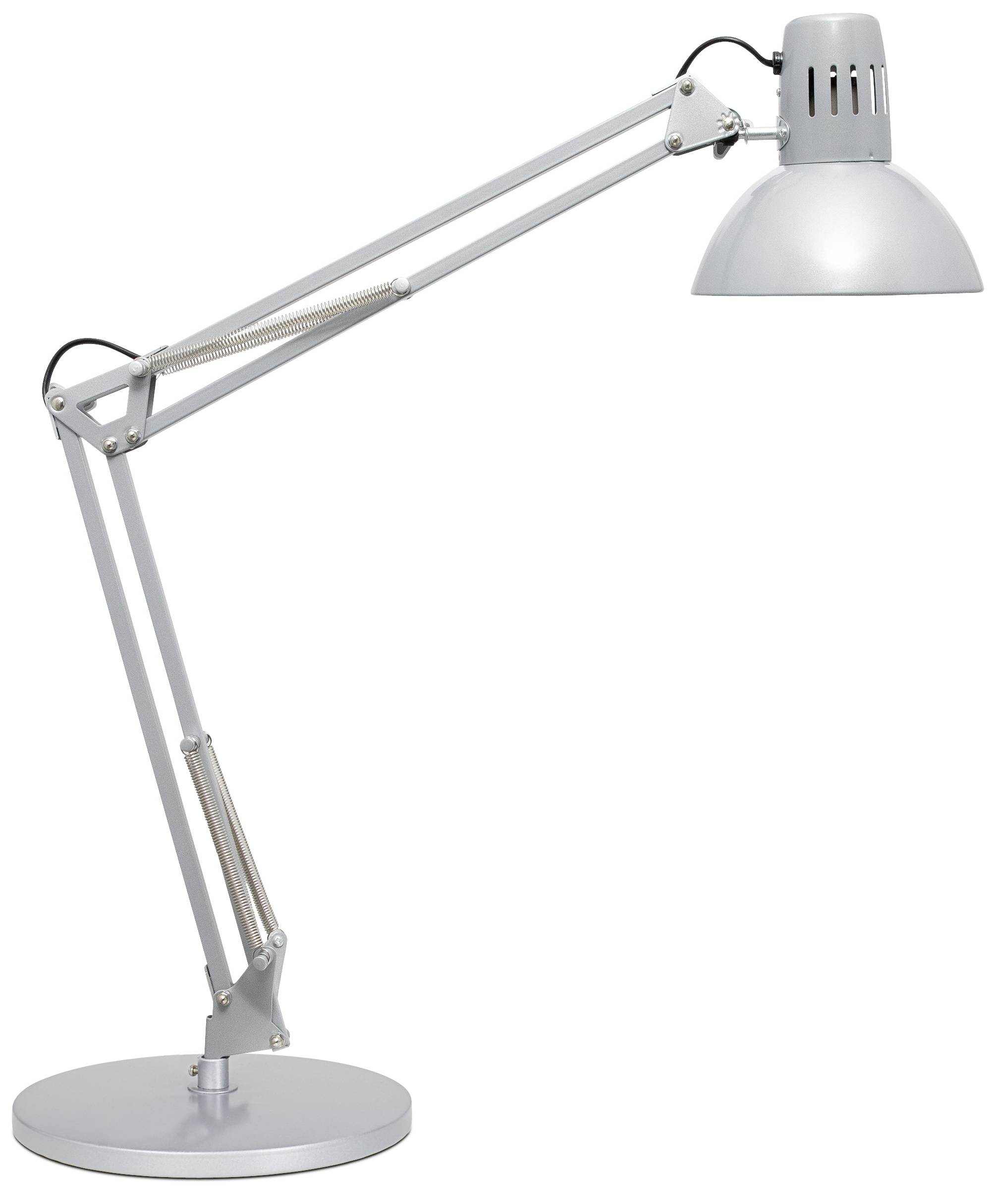Eine silberne Schreibtischlampe mit verstellbarem Arm und rundem Lampenschirm, ideal zur fokussierten Beleuchtung am Arbeitsplatz.