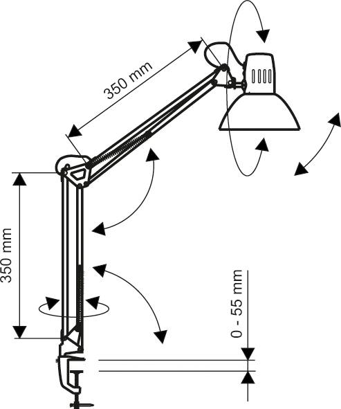 Verstellbare Tischleuchte, Neigungswinkel und Höhenverstellung illustriert, Maße: Höhe 350 mm, Reichweite bis 55 mm.