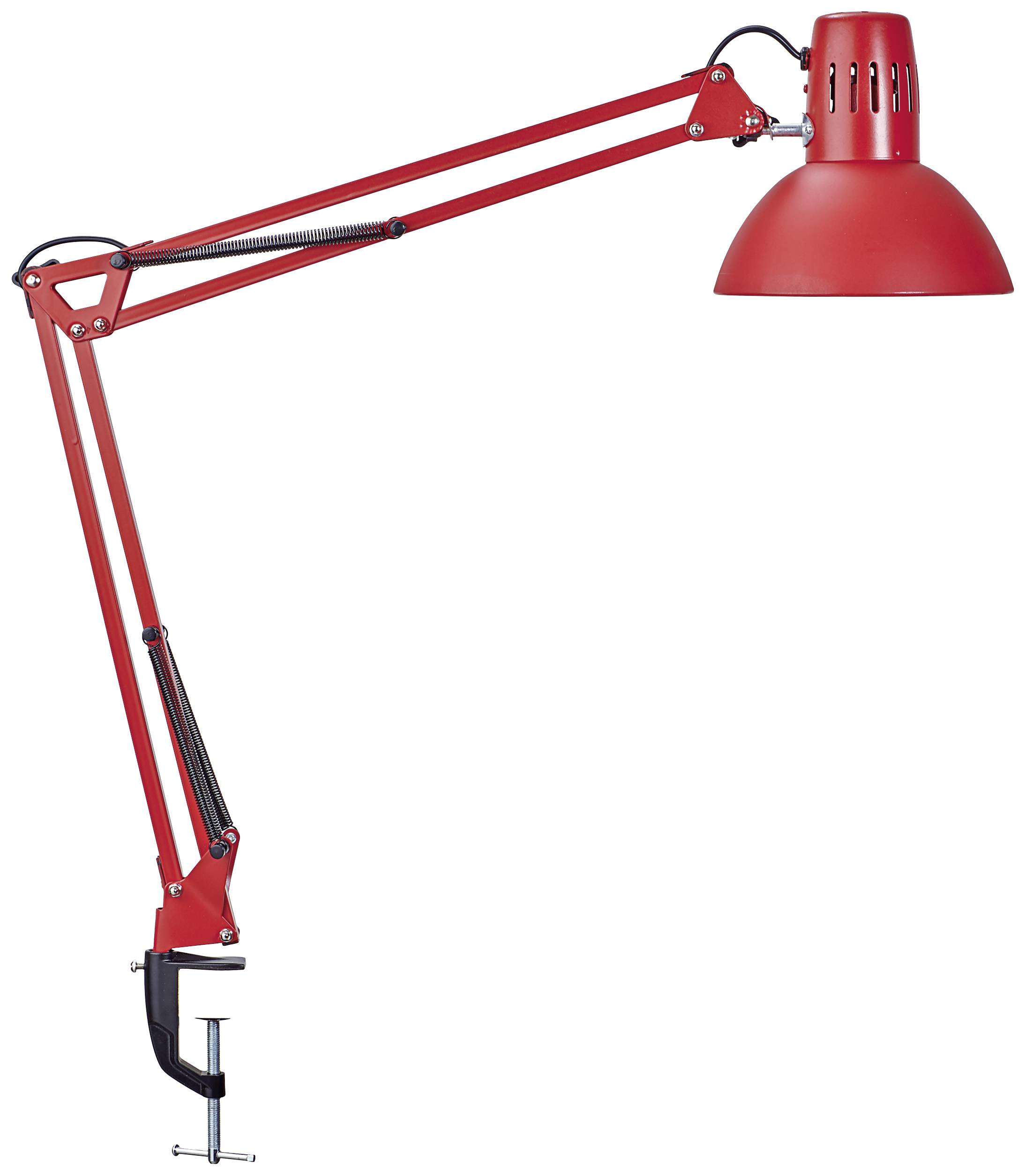 Rote Schreibtischlampe mit biegsamem Arm und Tischklemme; geeignet für verstellbare Beleuchtung beim Arbeiten oder Lesen.