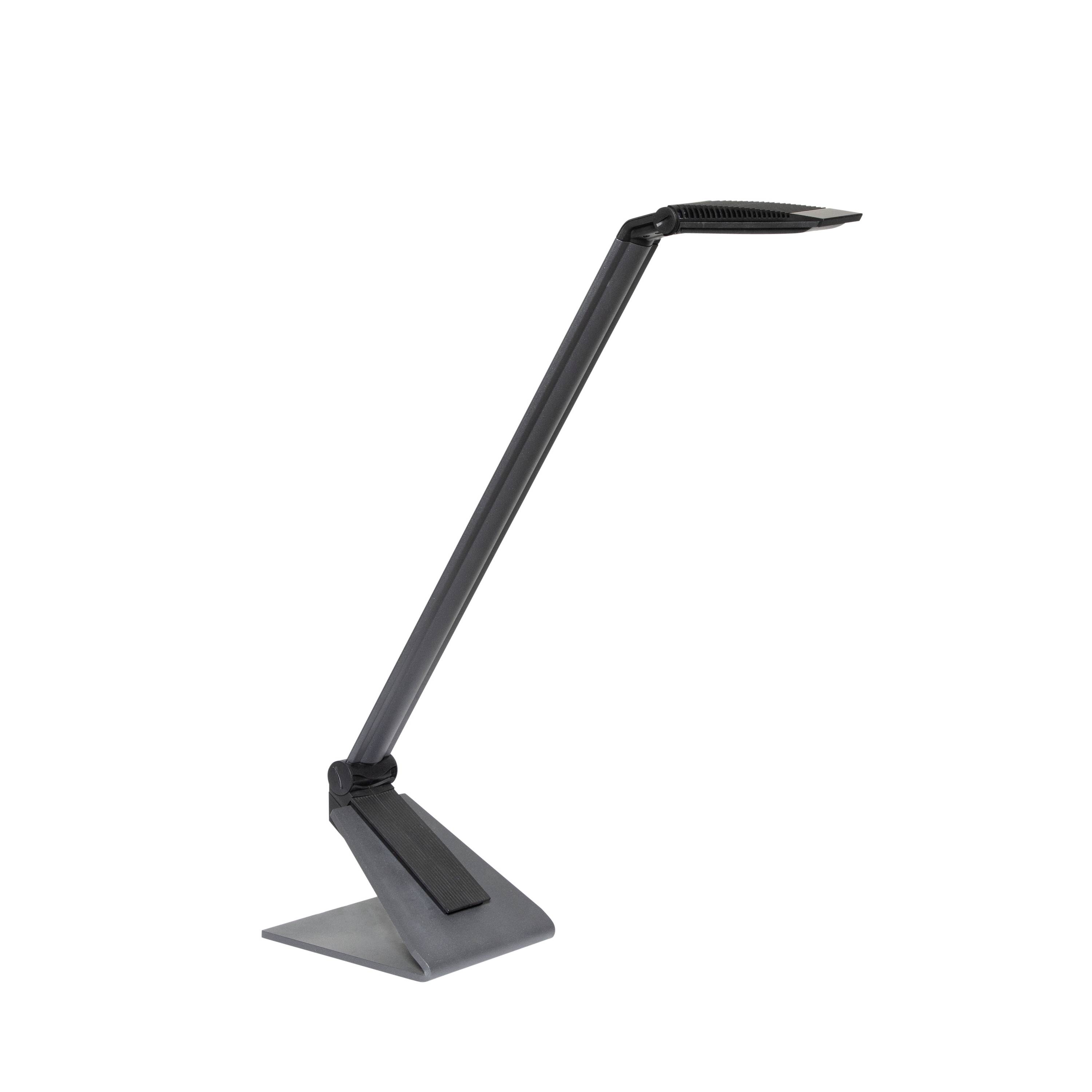 Eine moderne schwarze Tischlampe mit schlankem Design und verstellbarem Arm, steht auf einem Schreibtisch. Ideal für Arbeitsbereiche.