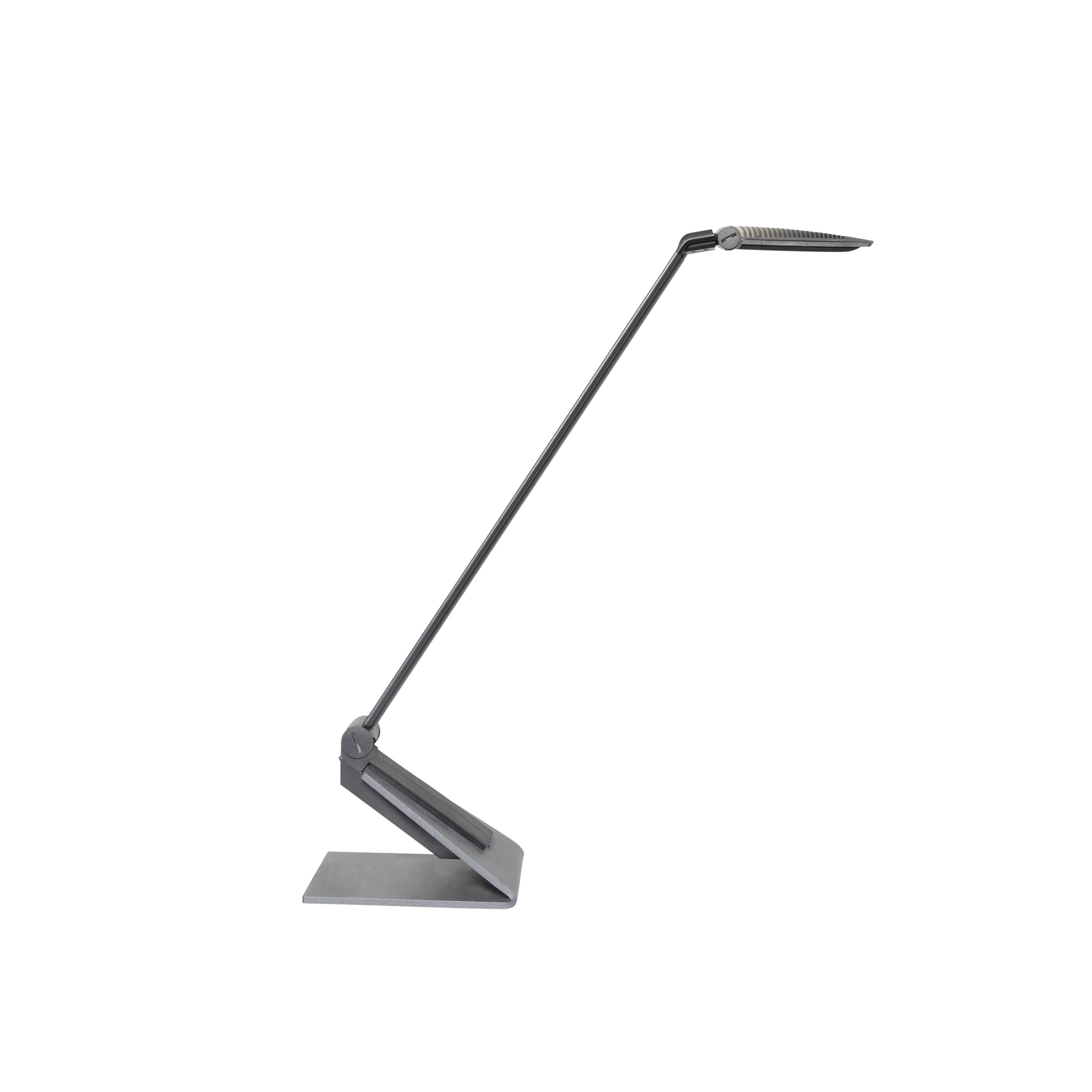 Schwarz-graue, moderne Schreibtischlampe mit schlankem Arm und rechteckigem Standfuß, seitlich abgebildet.