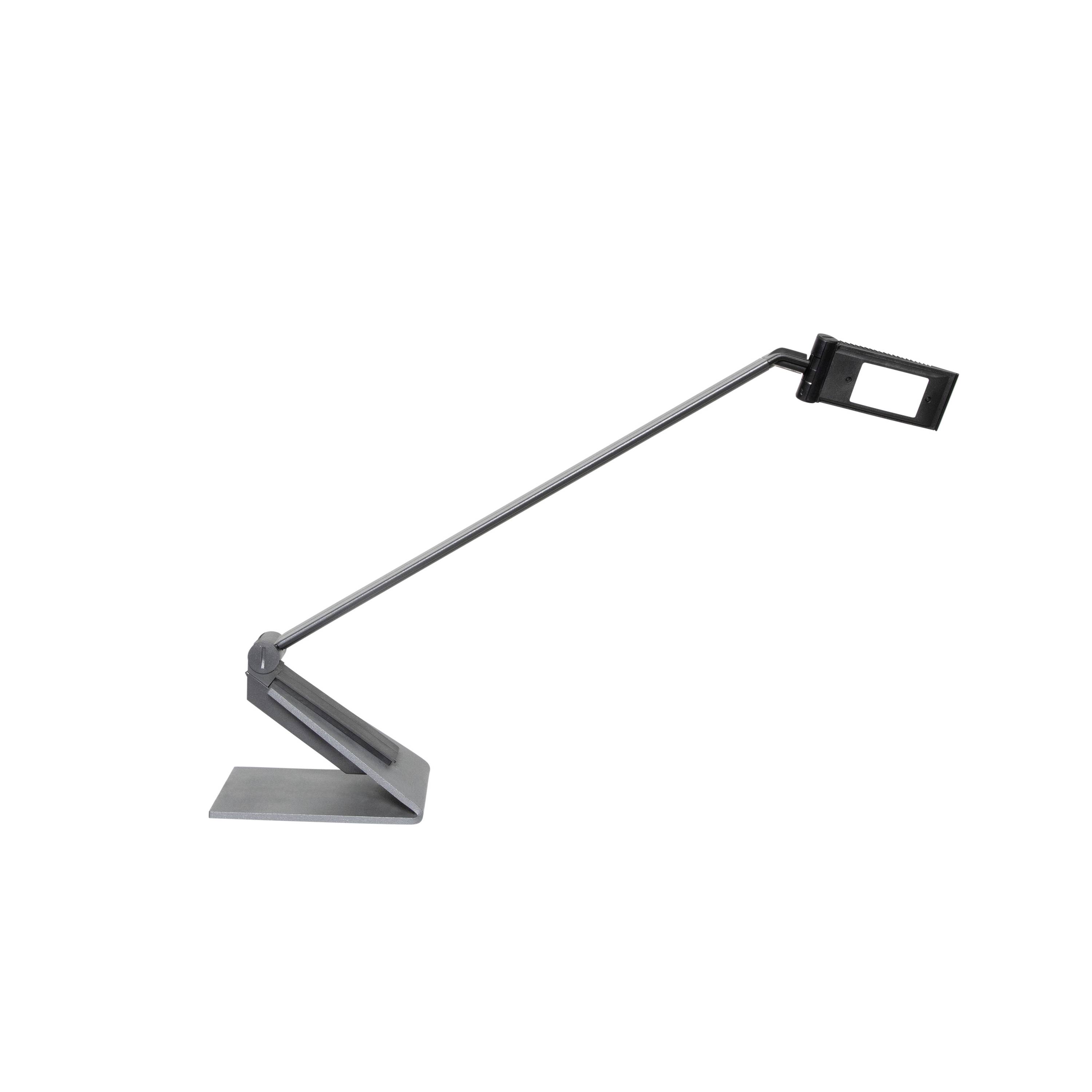 Graue Tischlampe mit modernem, minimalistischem Design. Der Lampenkopf ist rechteckig und neigbar, ideal für gezieltes Licht.