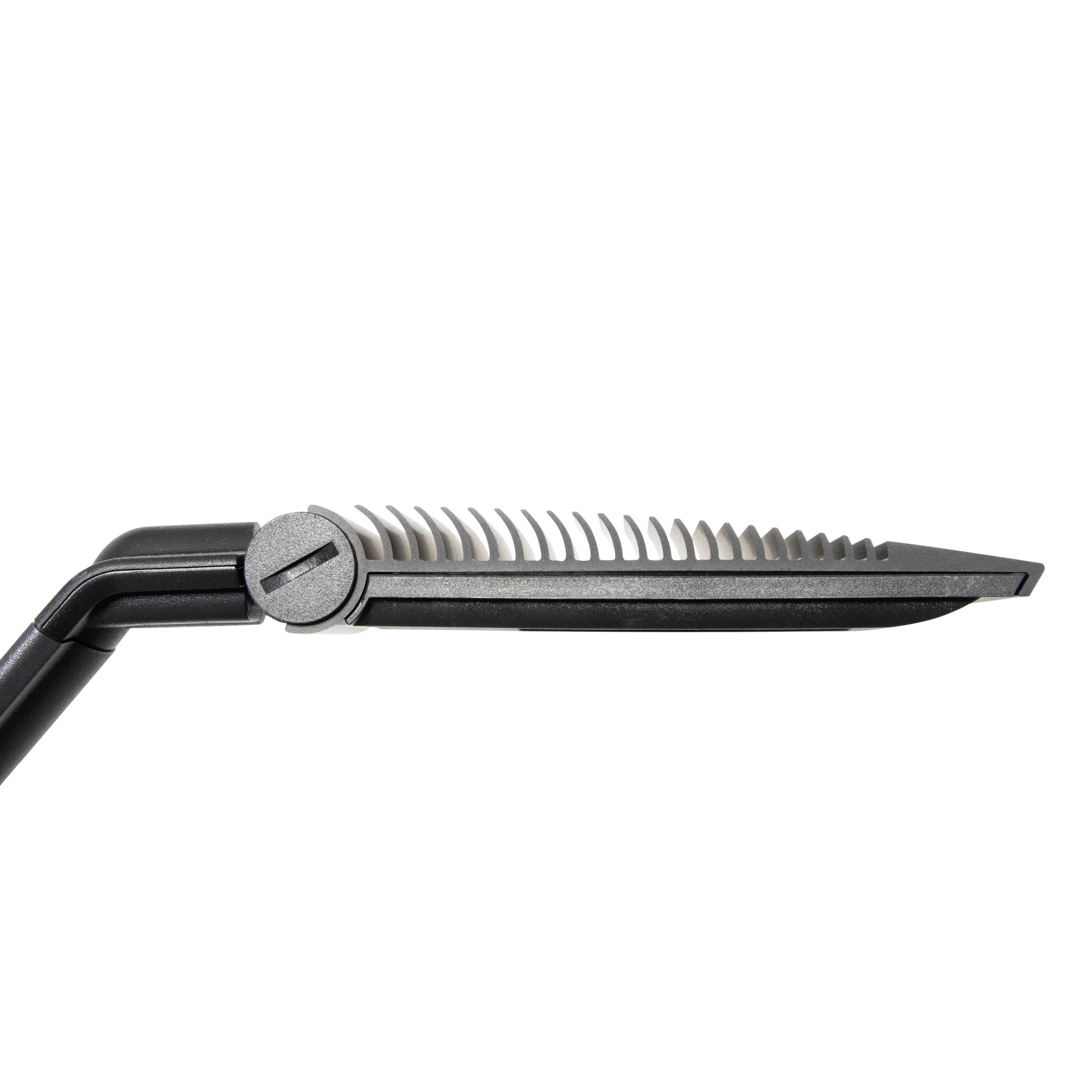 Haarkamm mit integriertem Rasierer, seitlich gezeigt. Eignet sich zum gleichzeitigen Kämmen und Trimmen von Haaren.