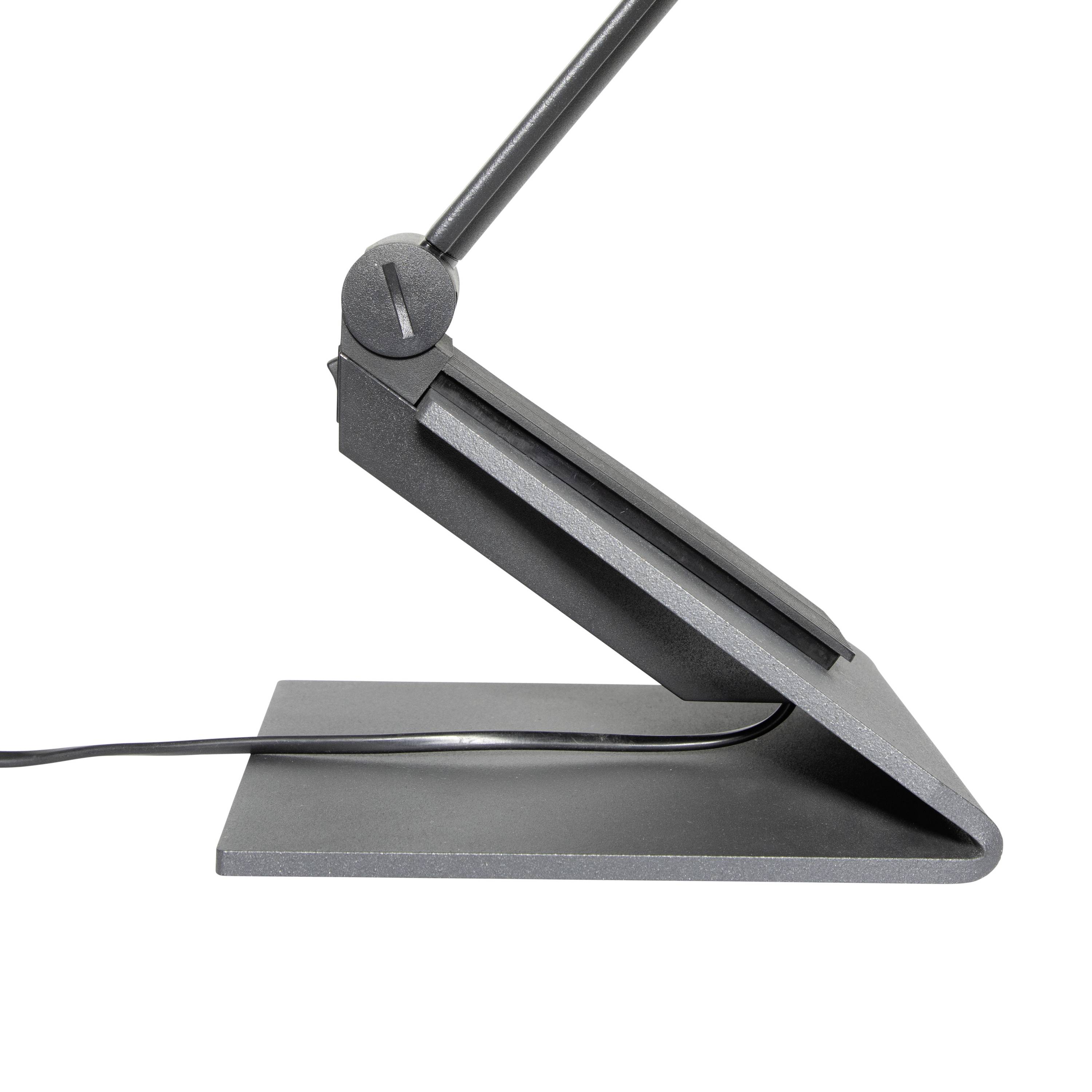 Schwarze, moderne Schreibtischlampe mit rechteckigem Sockel, gebogenem Arm und Stromkabel.