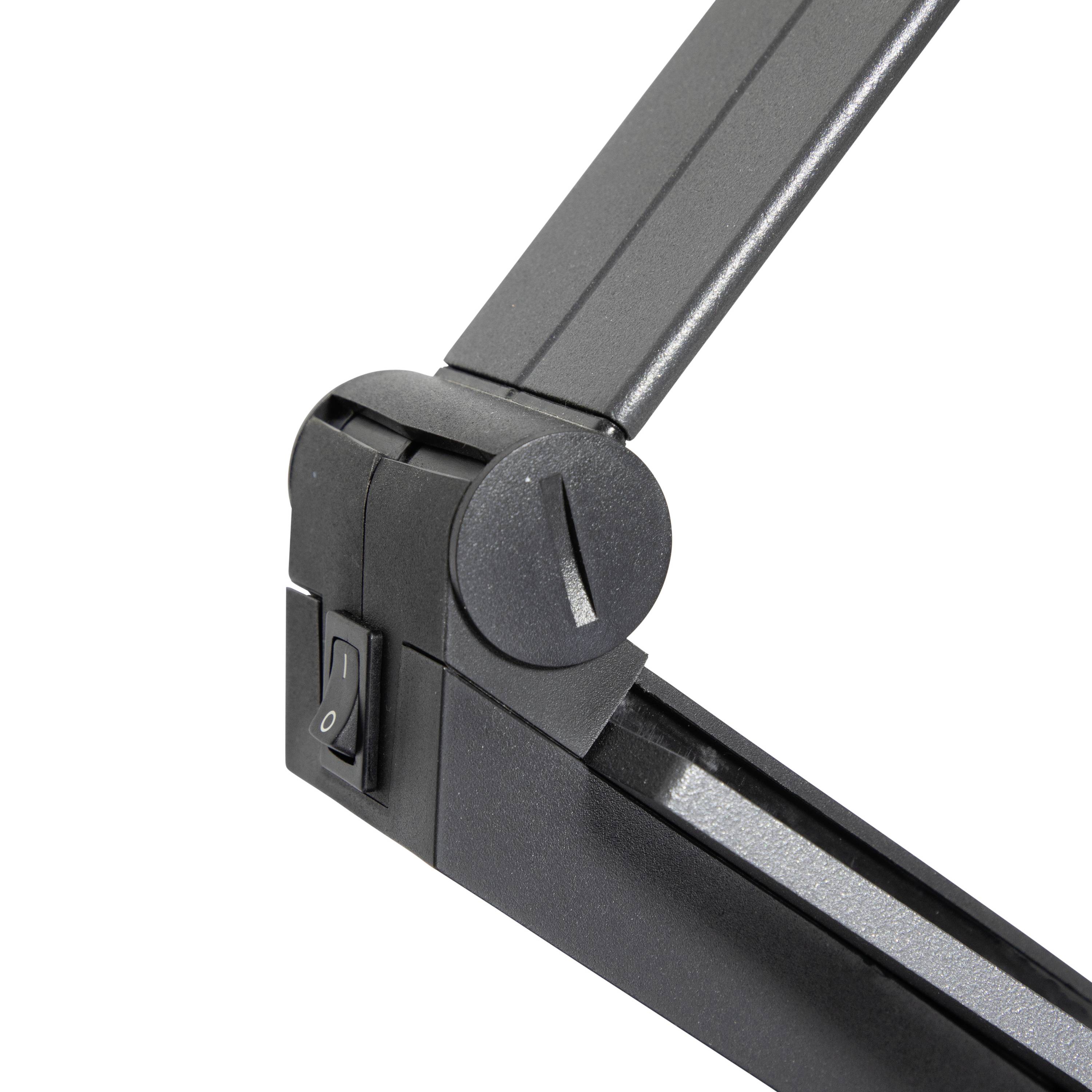 Schwarzer Lampenarm, schwenkbar, mit Drehgelenk und Ein-/Ausschalter an der Seite, vor weißem Hintergrund.