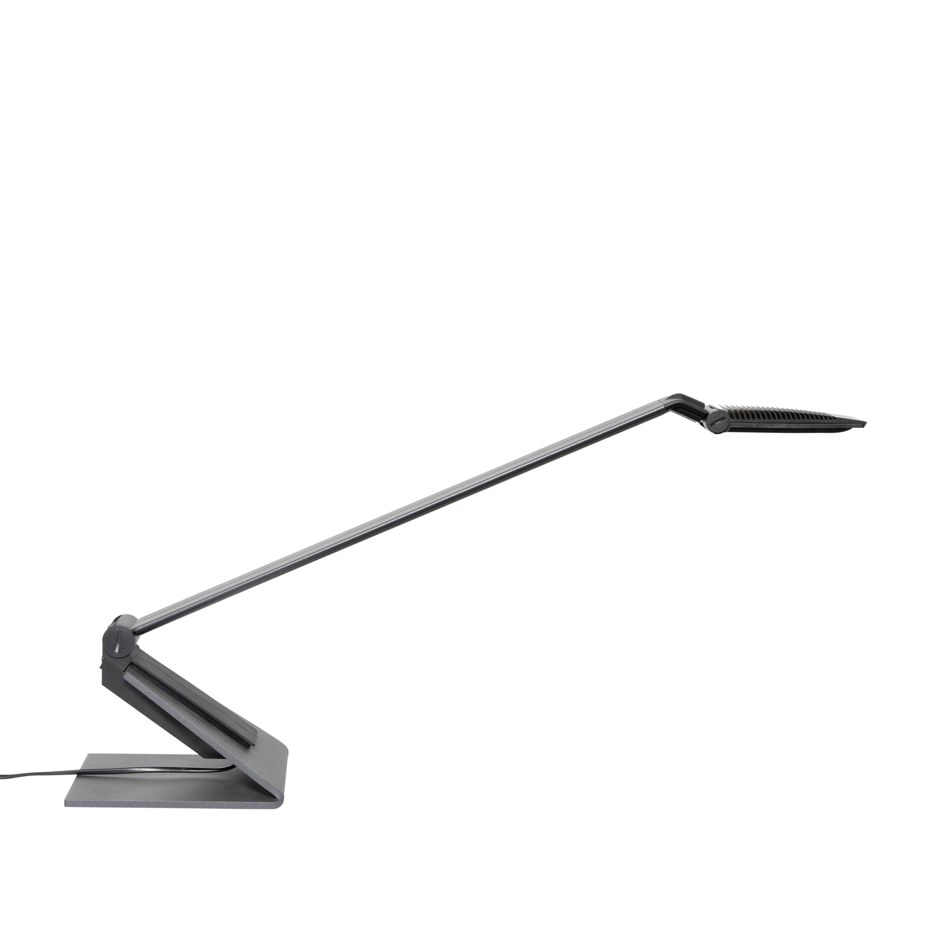 Eine moderne schwarze Schreibtischlampe mit schlankem, minimalistischem Design, inklusive verstellbarem Arm und flachem Leuchtkopf.