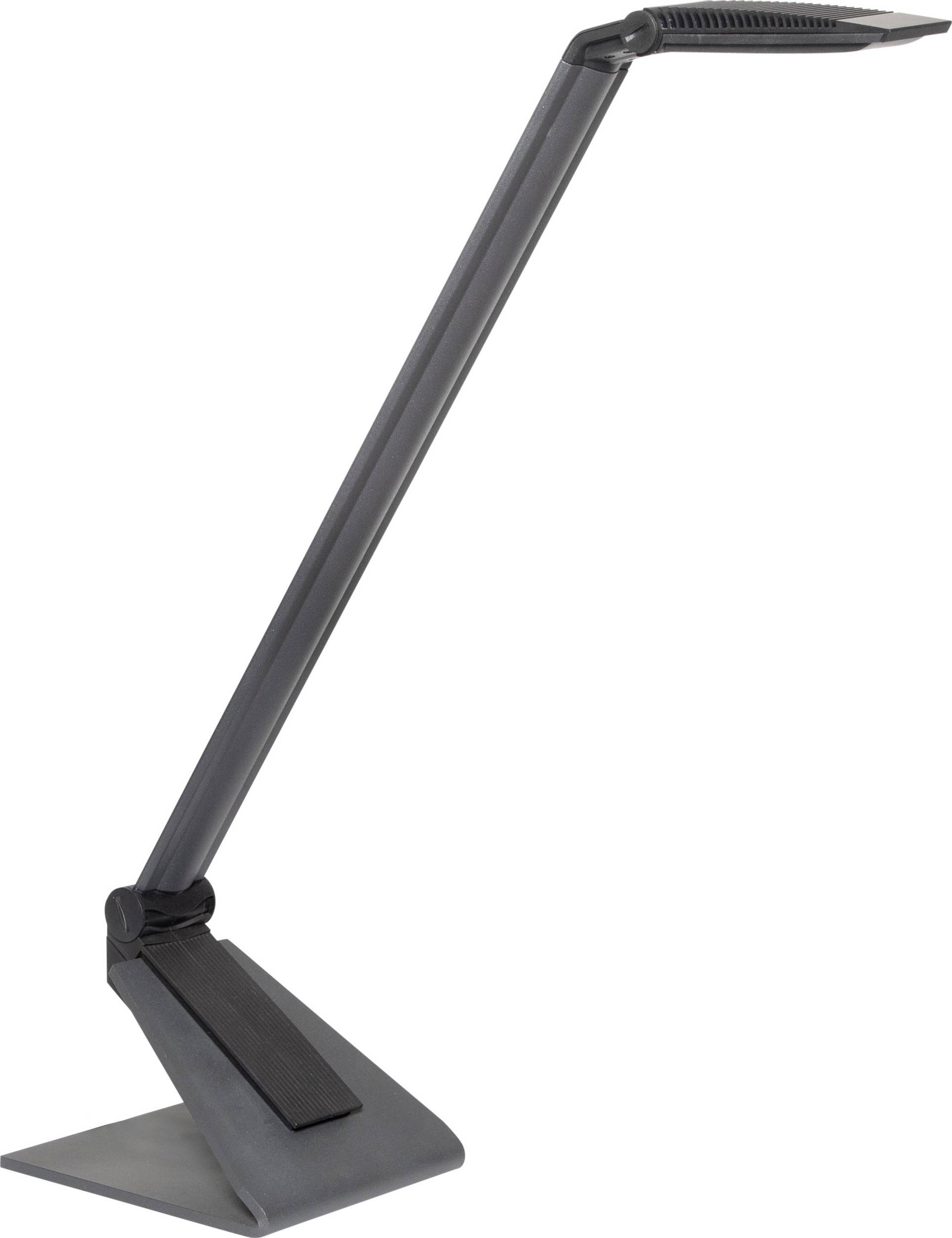 Eine moderne, schwarze Schreibtischlampe mit schlankem, verstellbarem Arm und rechteckigem Sockel, ideal für Arbeitsbereiche.