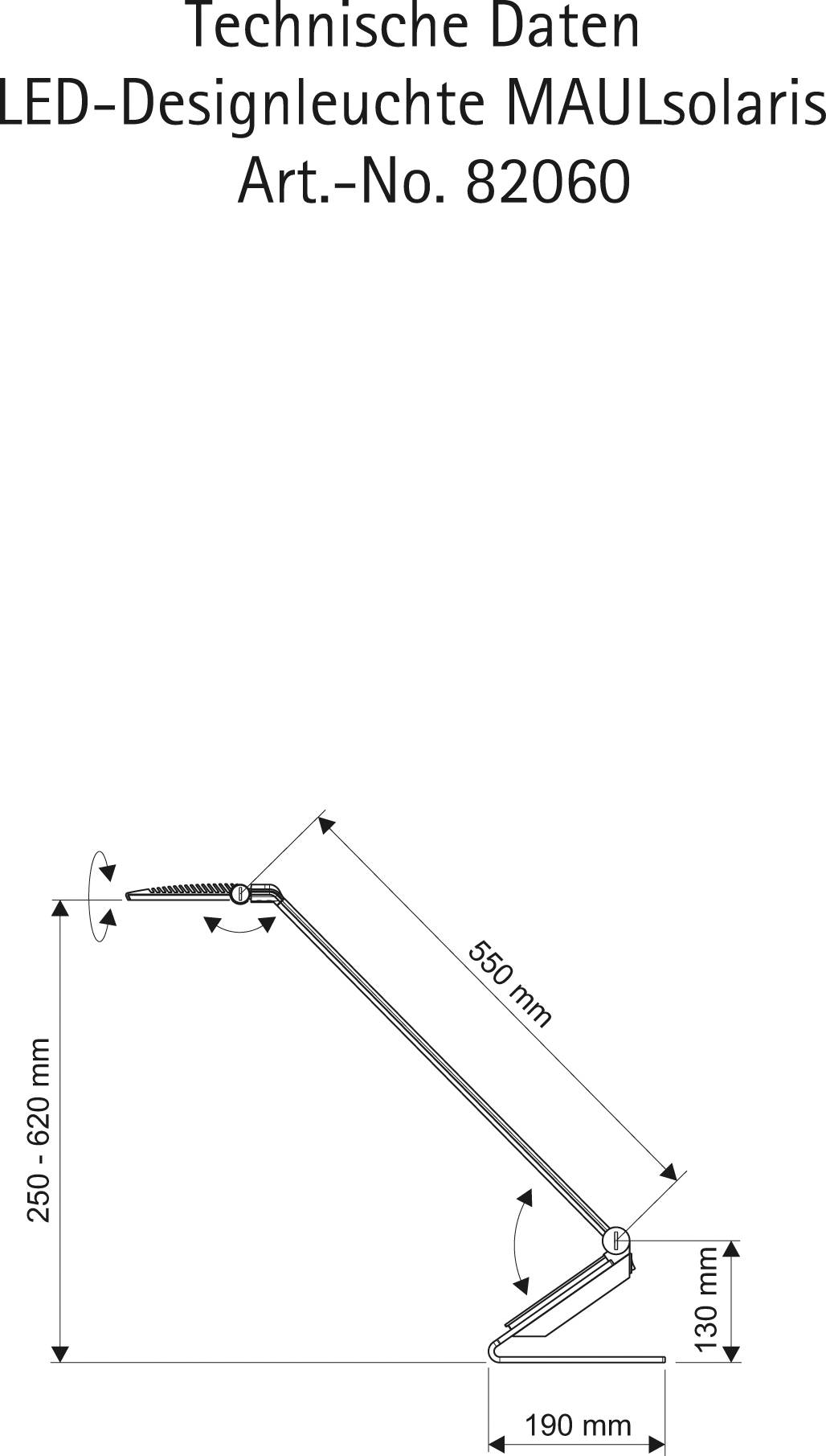 Technische Zeichnung einer LED-Designleuchte mit Maßen: Höhe 250-620 mm, Breite 190 mm, Länge 550 mm, Art.-No. 82060.