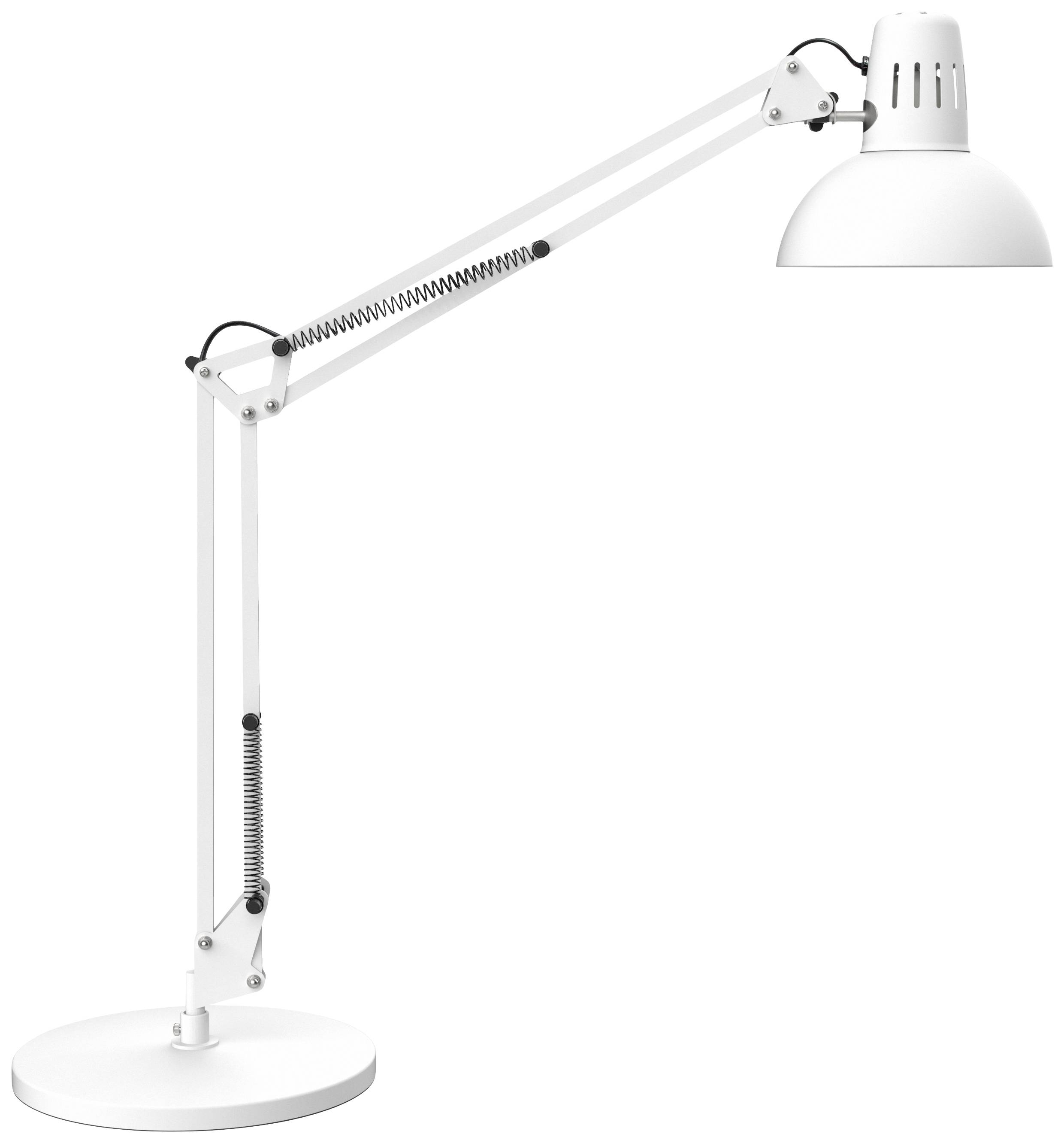 Schreibtischlampe mit Gelenkarm in Weiß, bietet flexible Positionierung des Lichts. Ideal für konzentriertes Arbeiten oder Lesen.