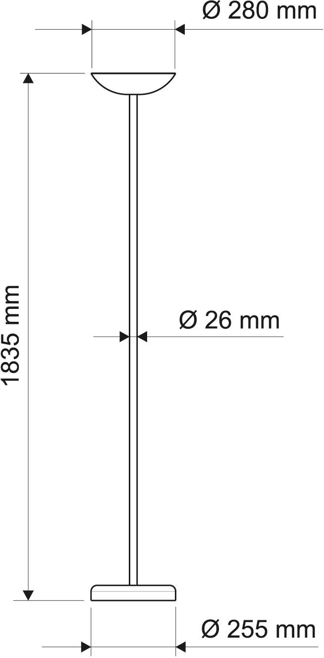 Stehlampe mit Maßen: Gesamthöhe 1835 mm, Oberschirm Durchmesser 280 mm, Stange Durchmesser 26 mm, Fuß Durchmesser 255 mm.
