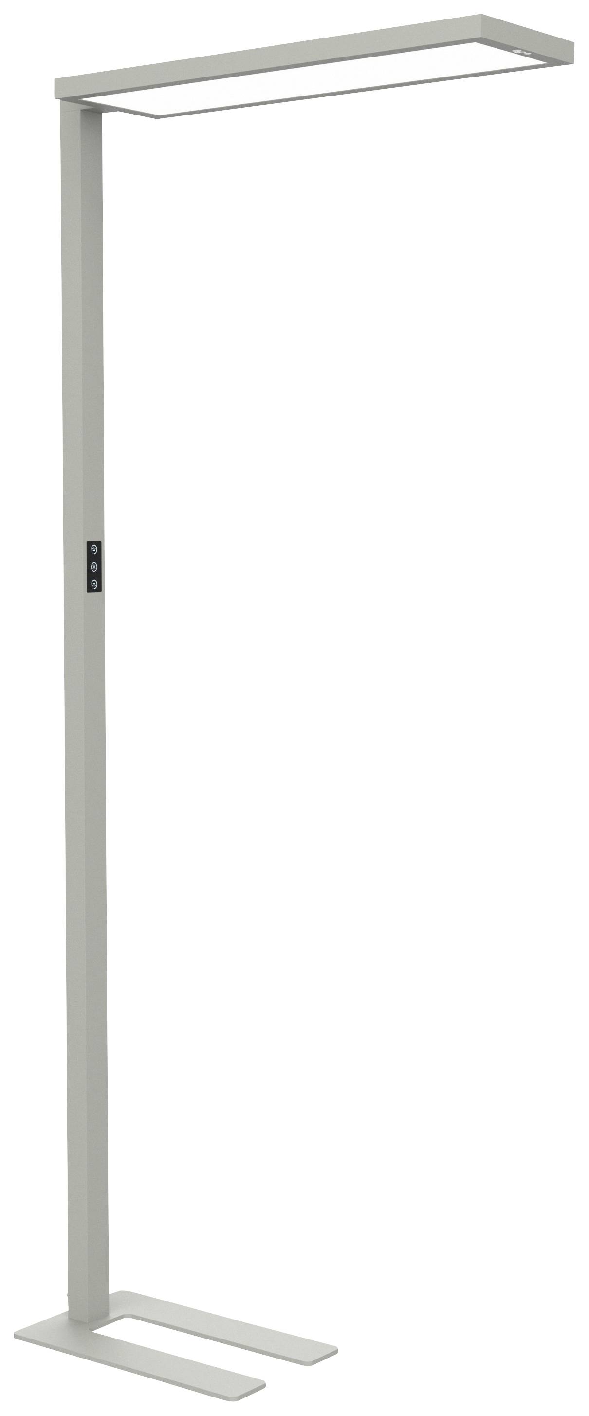 Eine moderne, hohe Stehlampe mit rechteckigem Lampenschirm und schlichtem Metallrahmen, geeignet für Büro- oder Wohnräume.