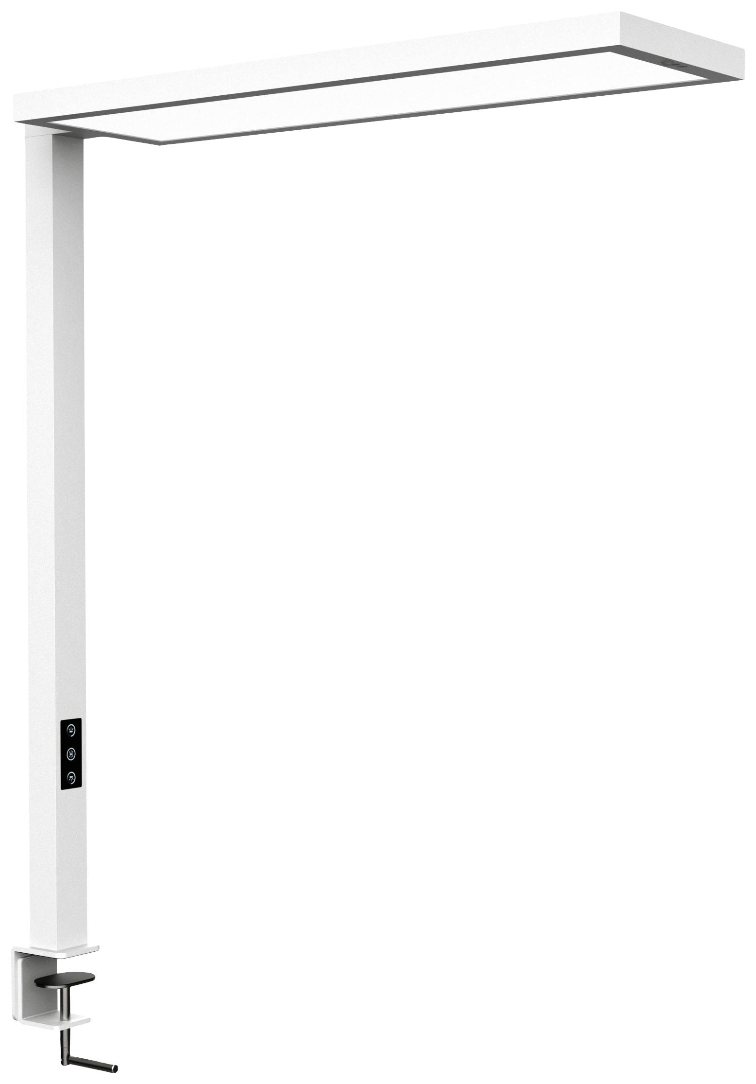 Eine weiße, moderne Schreibtischlampe mit rechteckigem Lampenschirm und verstellbarer Höhe. Sie ist mit einer Schraubklemme befestigt.