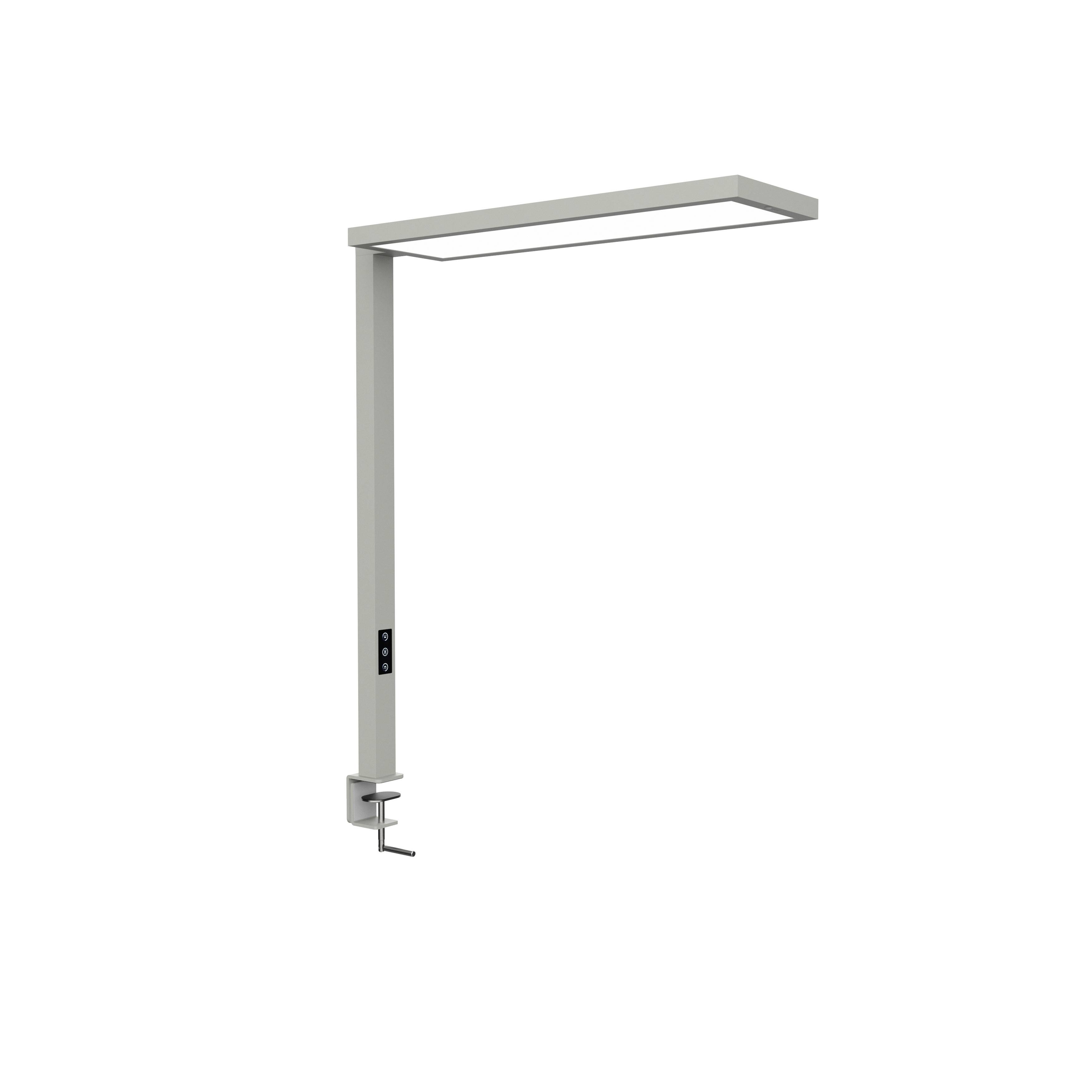 Eine moderne, rechteckige Bürolampe mit Klemmbefestigung zur Befestigung an Schreibtischen. Die Lampe ist minimalistisch und funktional designt.
