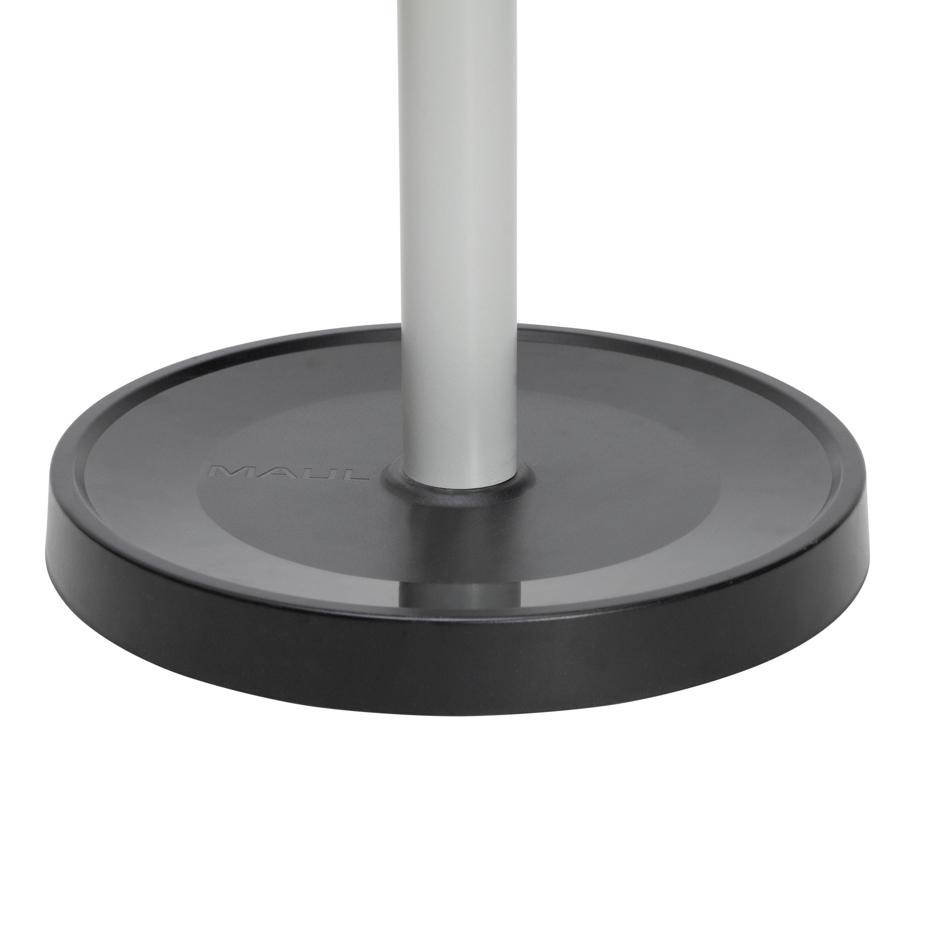 Runder Lampenfuß aus grauem Kunststoff mit einem zentralen Metallstab.