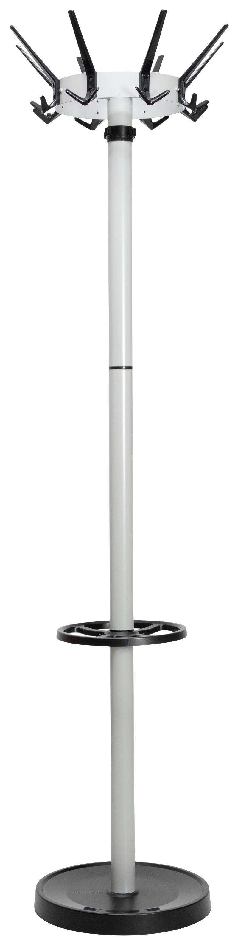 Silberner Garderobenständer mit schwarzem Sockel und Ring für Schirme, mehrere Haken für Jacken oder Mäntel.