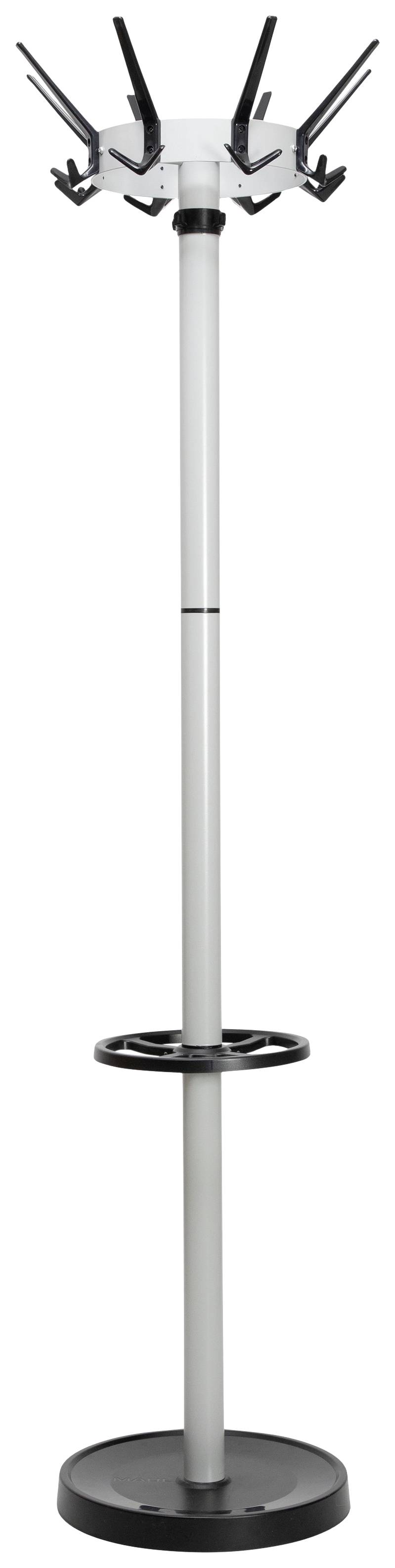Ein silberner Garderobenständer mit mehreren Haken oben und einem Schirmhalter in der Mitte.
