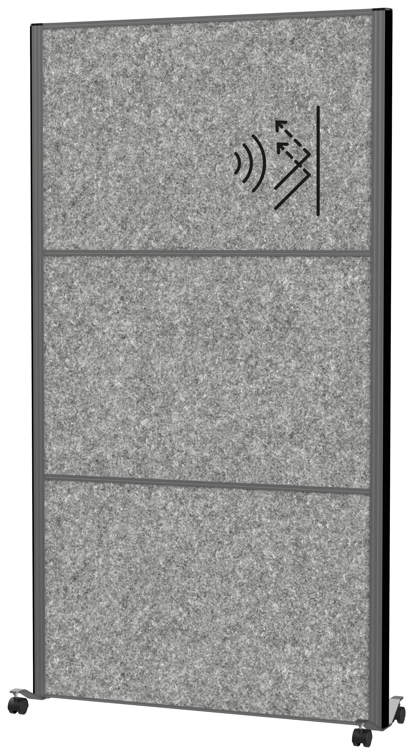 Graue bewegliche Trennwand mit schallabsorbierendem Material, seitlich Rollen für einfache Positionierung, oben rechts Symbole für Akustikeigenschaften.