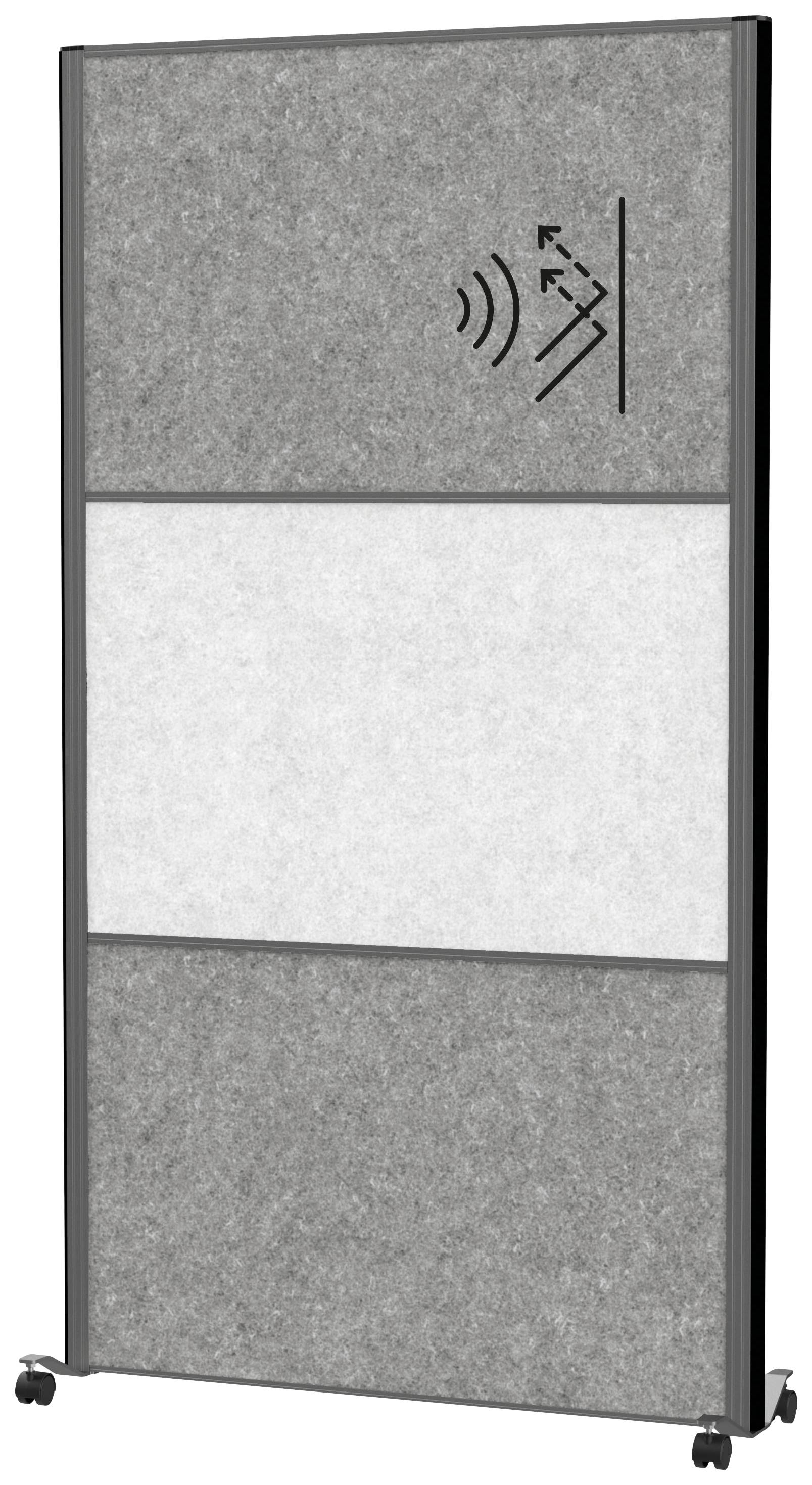 Graue, rollbare Trennwand mit Akustiksymbol oben rechts. Sie besteht aus drei Abschnitten, zwei grauen und einem weißen in der Mitte.