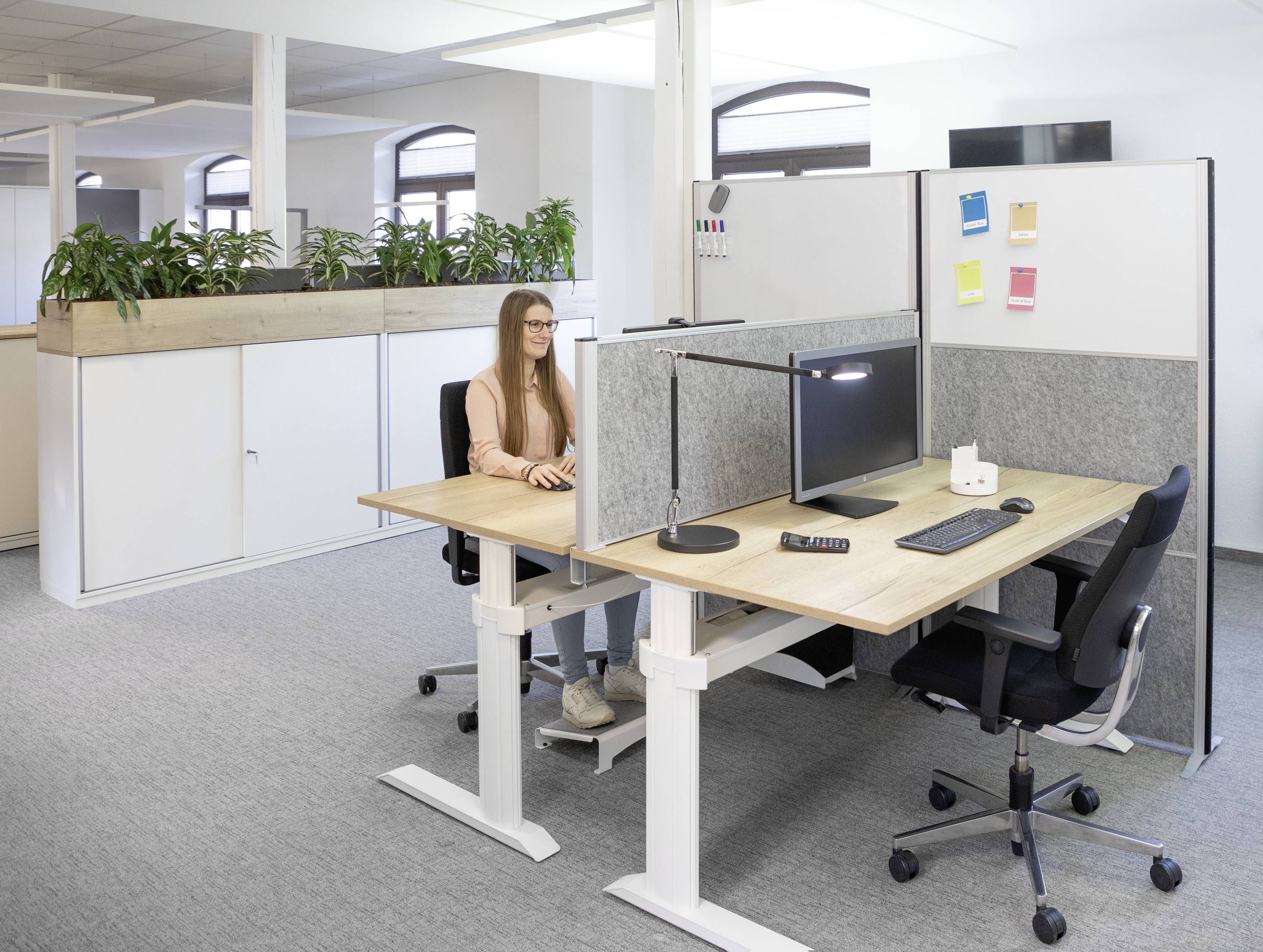 Ein helles Büro mit zwei höhenverstellbaren Schreibtischen. Eine Person sitzt am Schreibtisch, Pflanzen stehen im Hintergrund.
