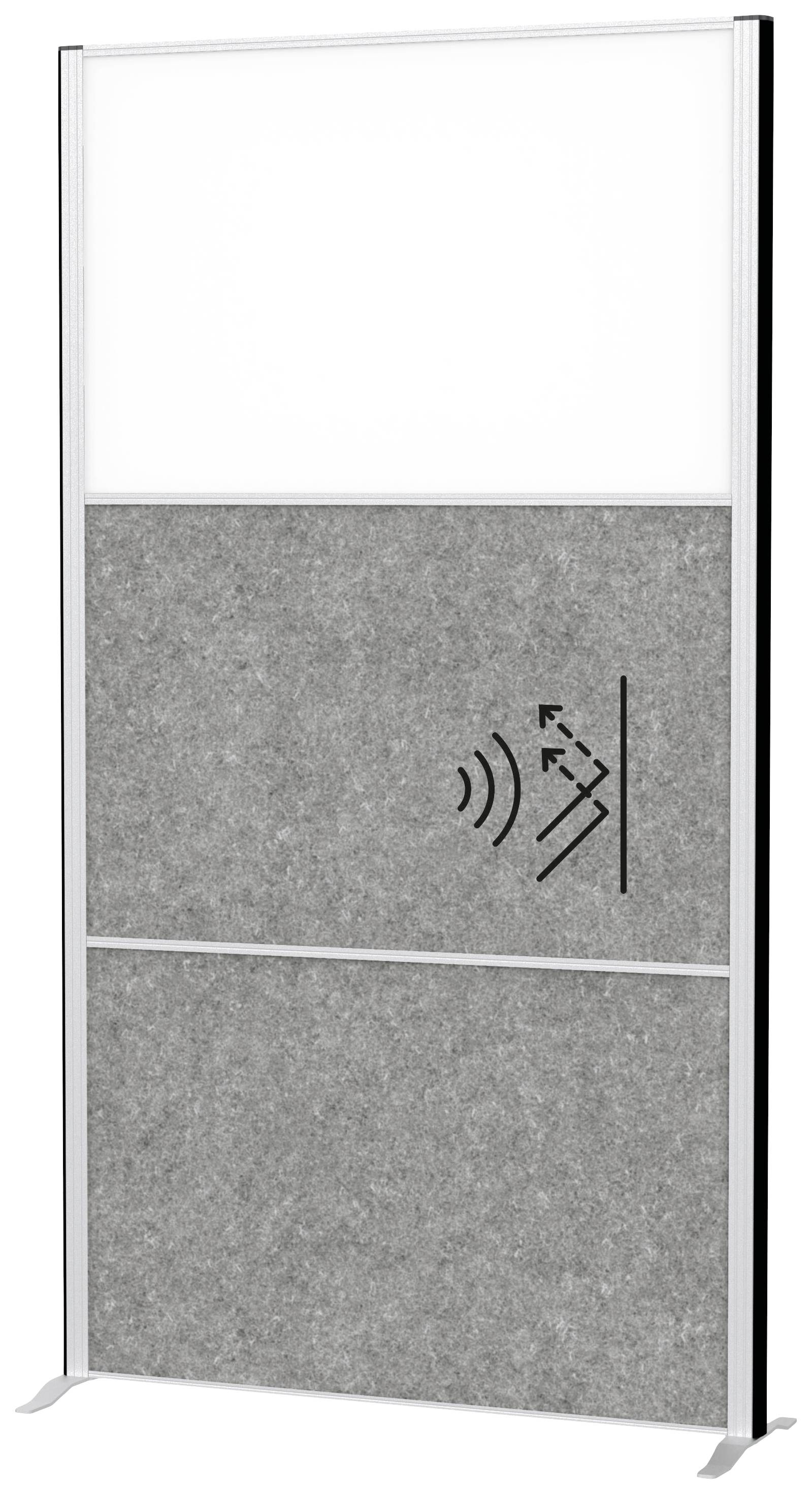 Schallabsorbierende Trennwand mit grauem Stoffbezug und Symbol für reduziertem Lärm. Geeignet für Büros zur Verbesserung der Akustik.