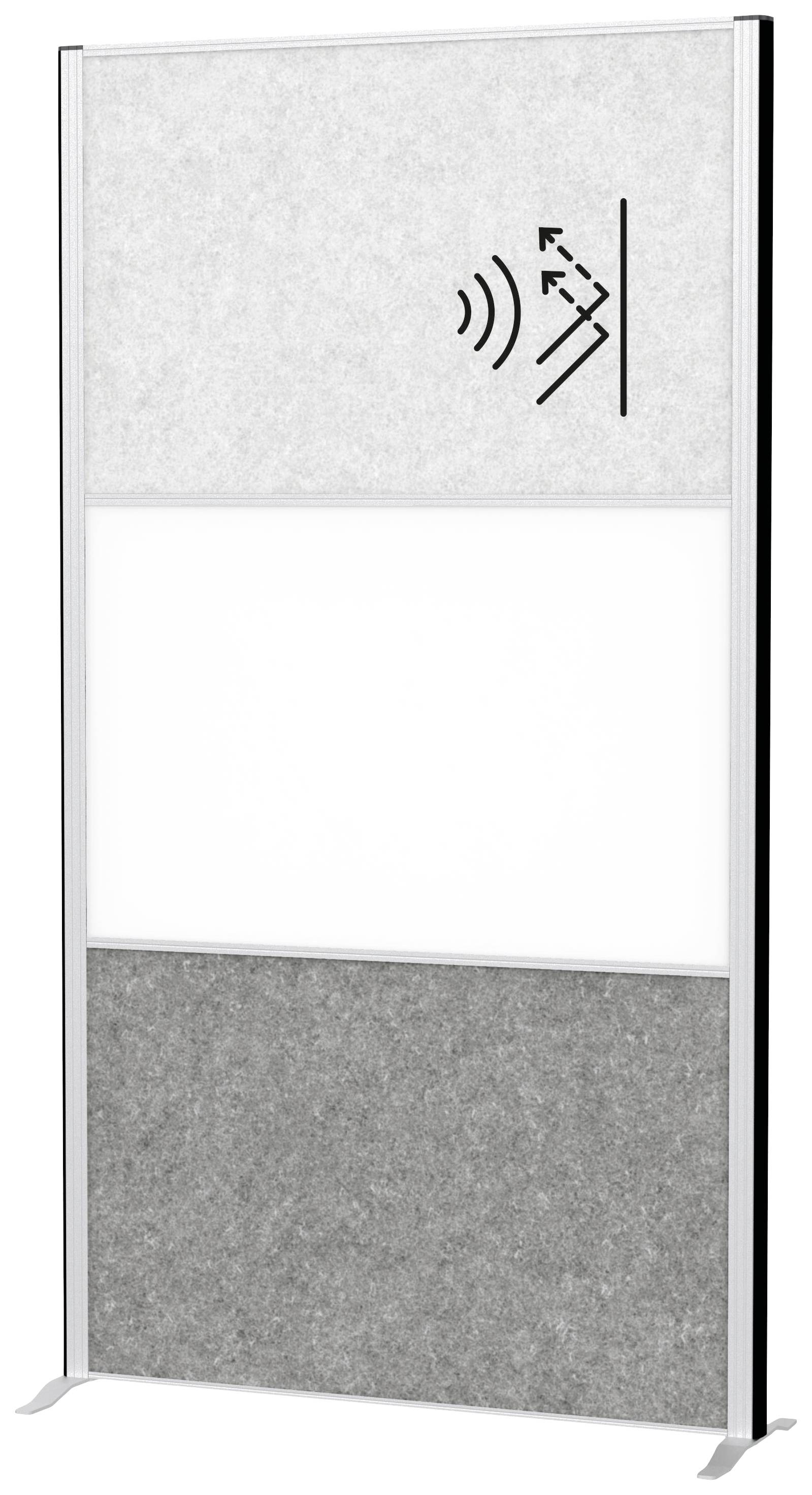 Graue Trennwand mit akustischem Symbol oben links, gestaltet zur Dämpfung von Geräuschen in Innenräumen.