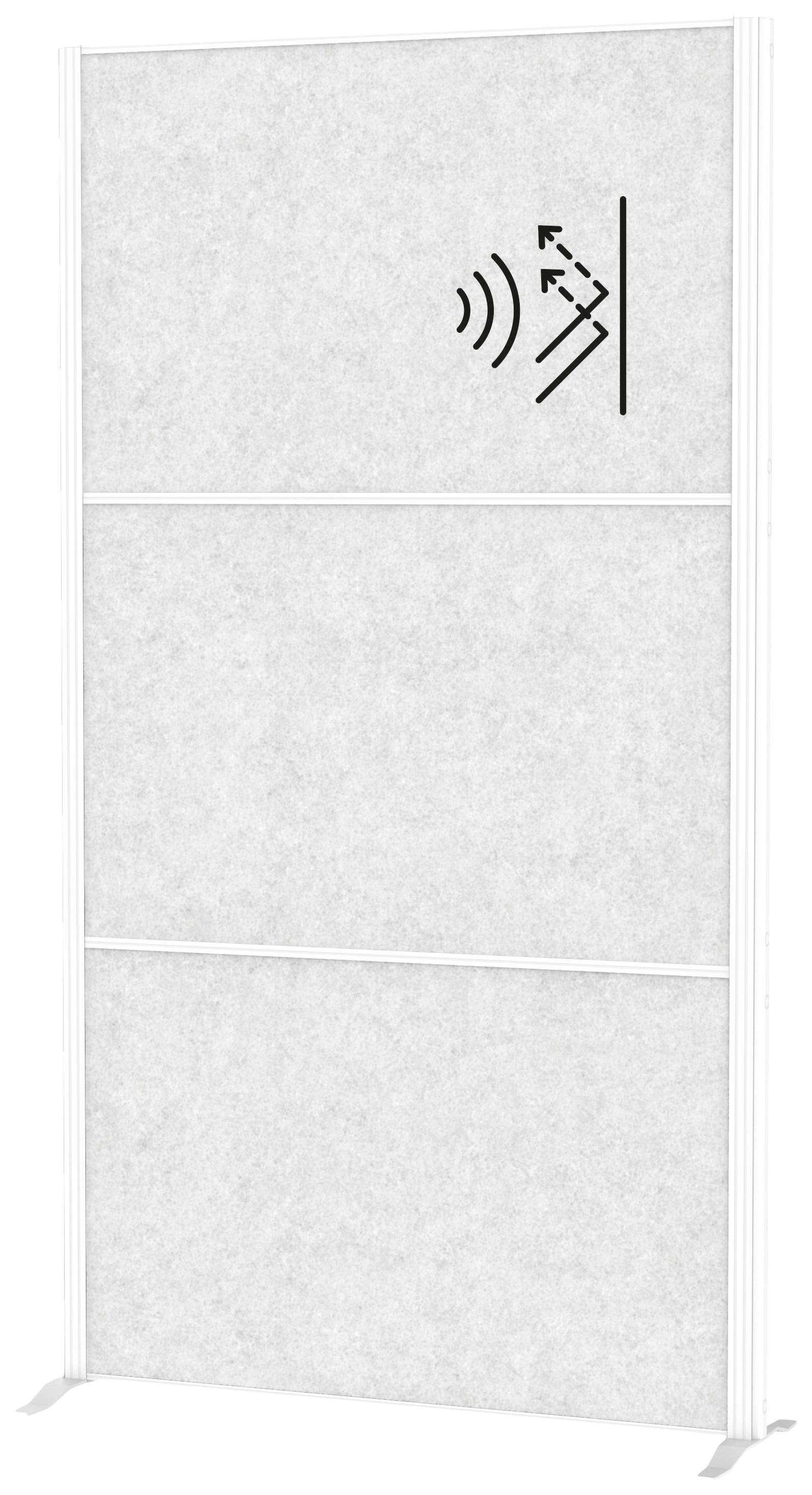 Ein graues Trennwandpaneel mit einem Symbol für Schallabsorption.