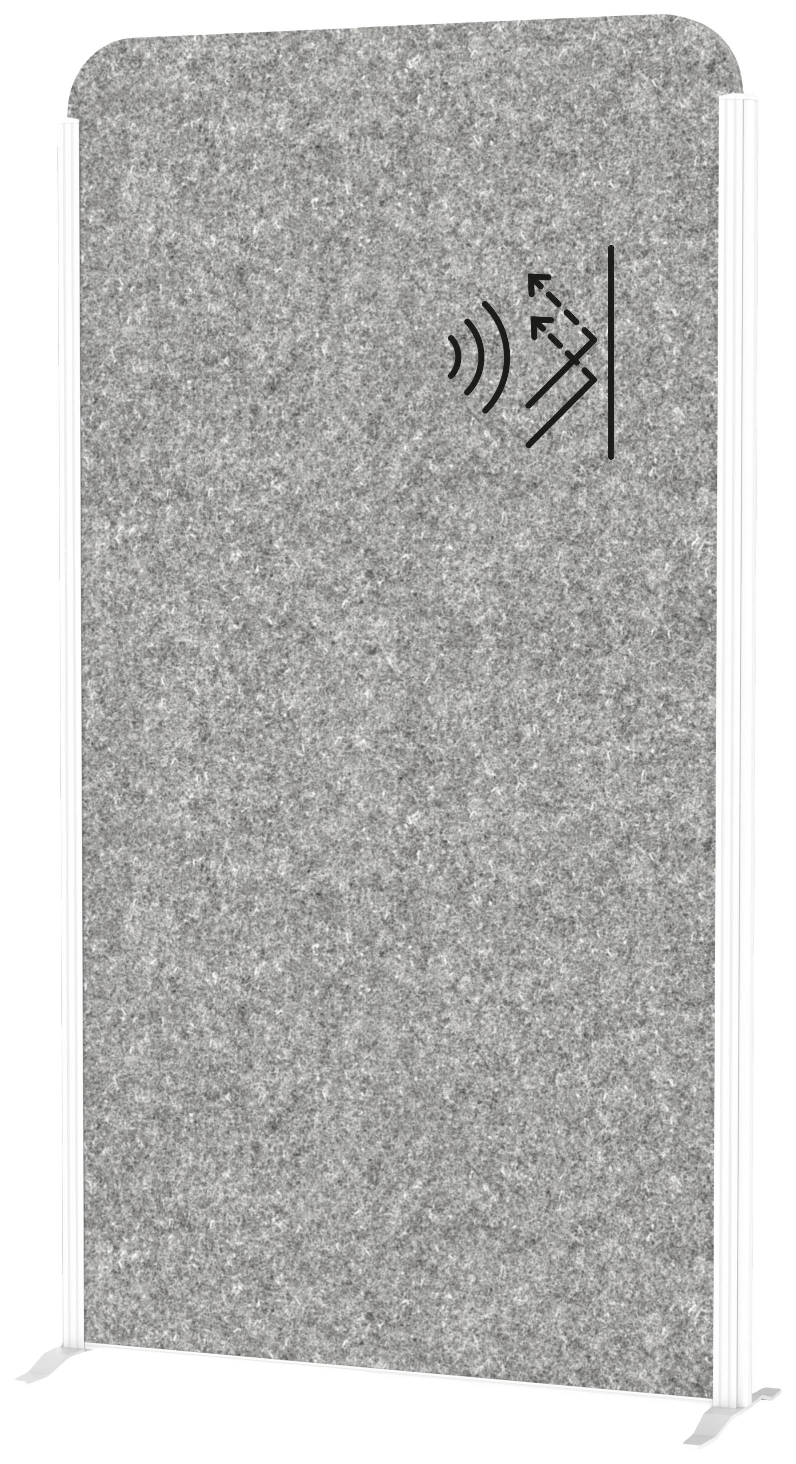 Grauer Raumtrenner mit einem aufgedruckten Schallschutzsymbol. Ideal zur Lärmdämmung in Büros oder offenen Räumen.