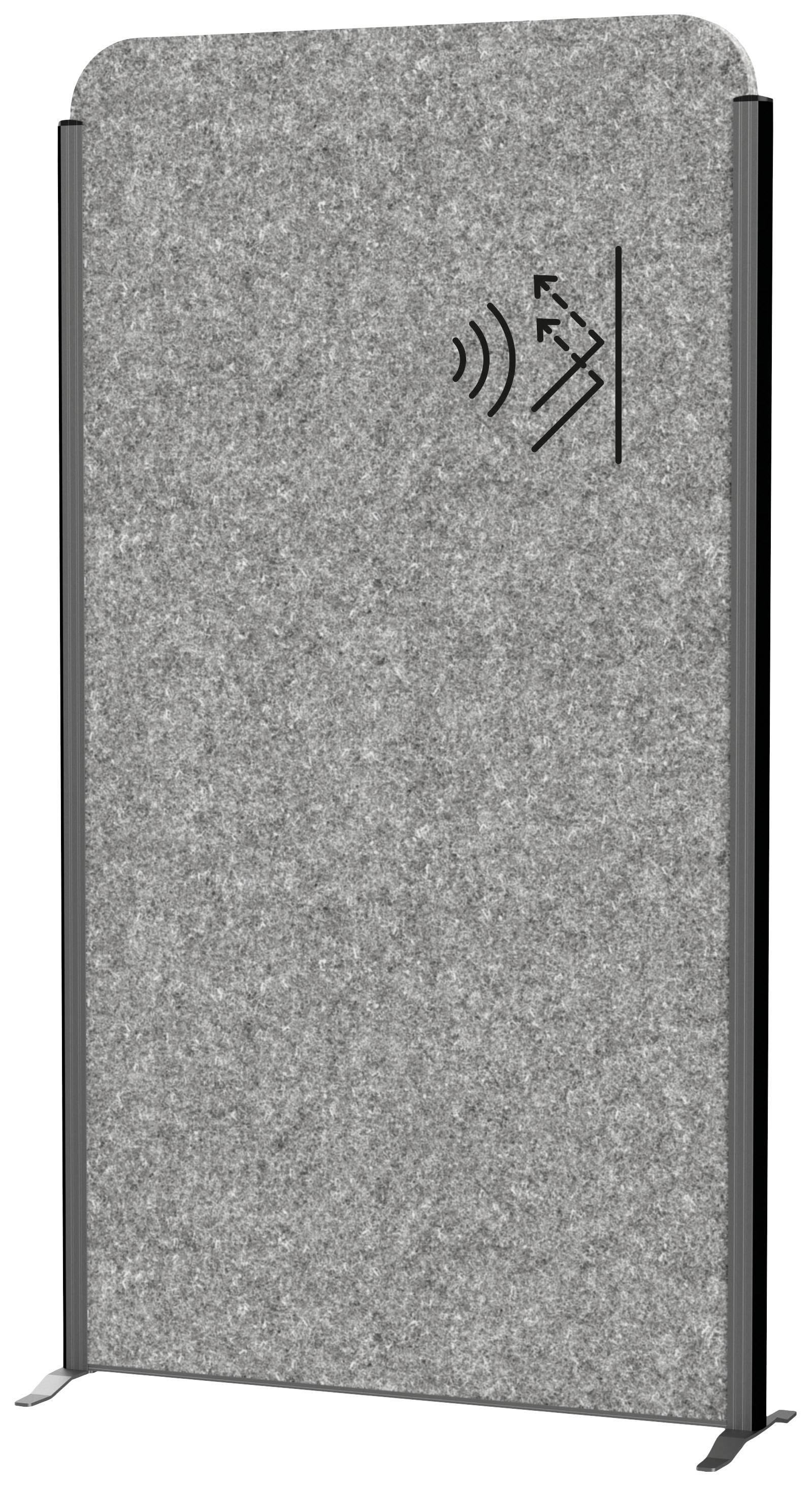 Akustiktrennwand mit grauem Filzbezug und Symbol für Schallschutz auf der Oberfläche. Freistehend, geeignet für Bürotrennung.