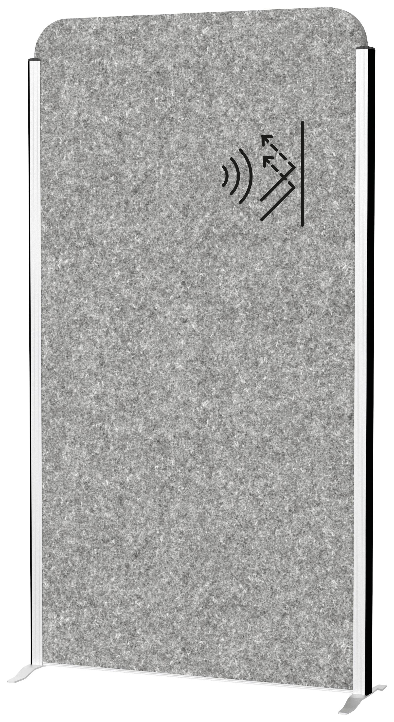 Graue schallabsorbierende Trennwand mit Akustiksymbol oben rechts. Ideal zur Reduzierung von Lärm in Büroumgebungen.