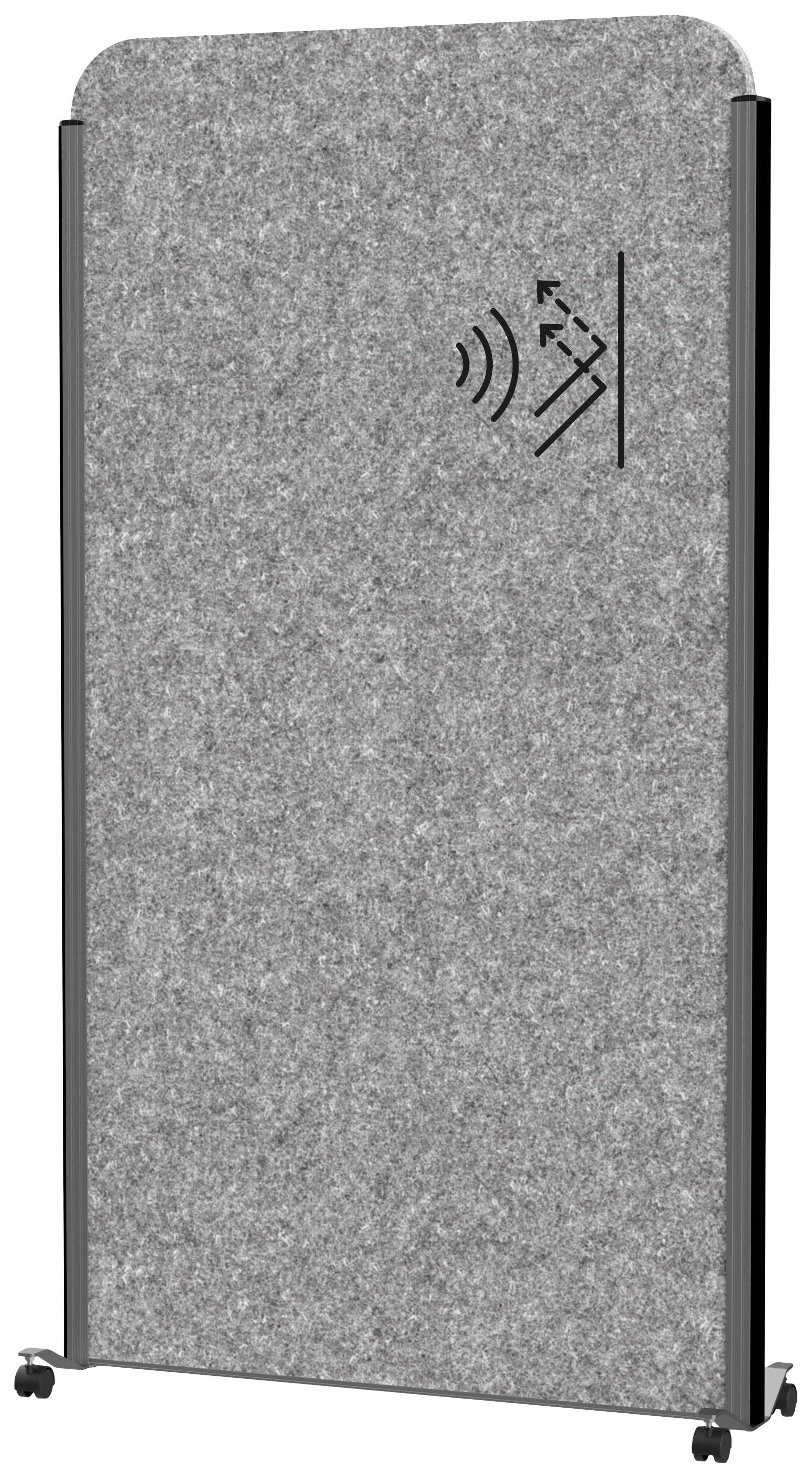 Grauer, mobiler Raumtrenner aus Filz mit Schallschutzsymbol, montiert auf Rollen für flexiblen Einsatz in Büros oder Schulen.