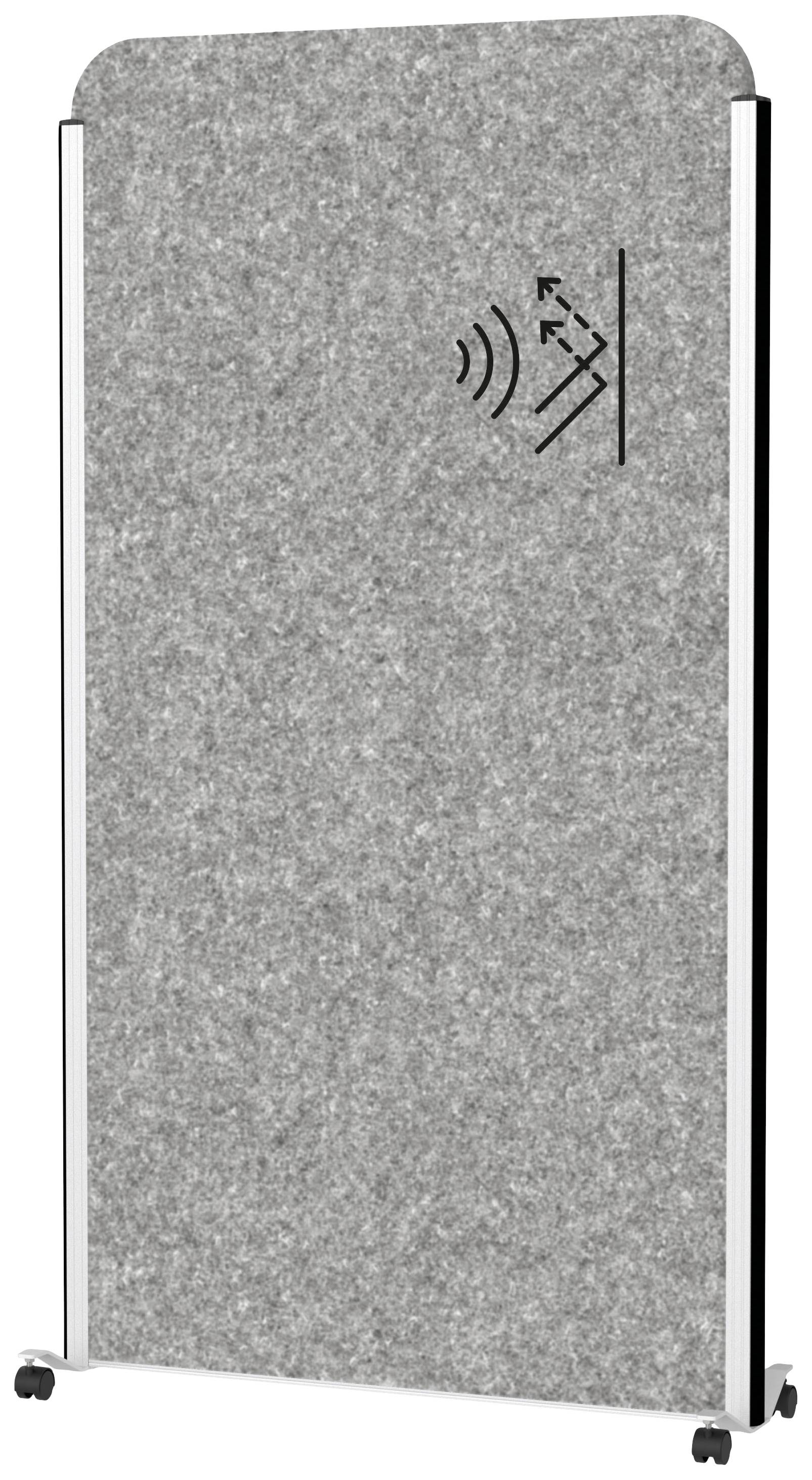 Grauer, rechteckiger Akustiktrennwand auf Rollen, mit schwarzen Schallwellen-Symbol oben rechts.