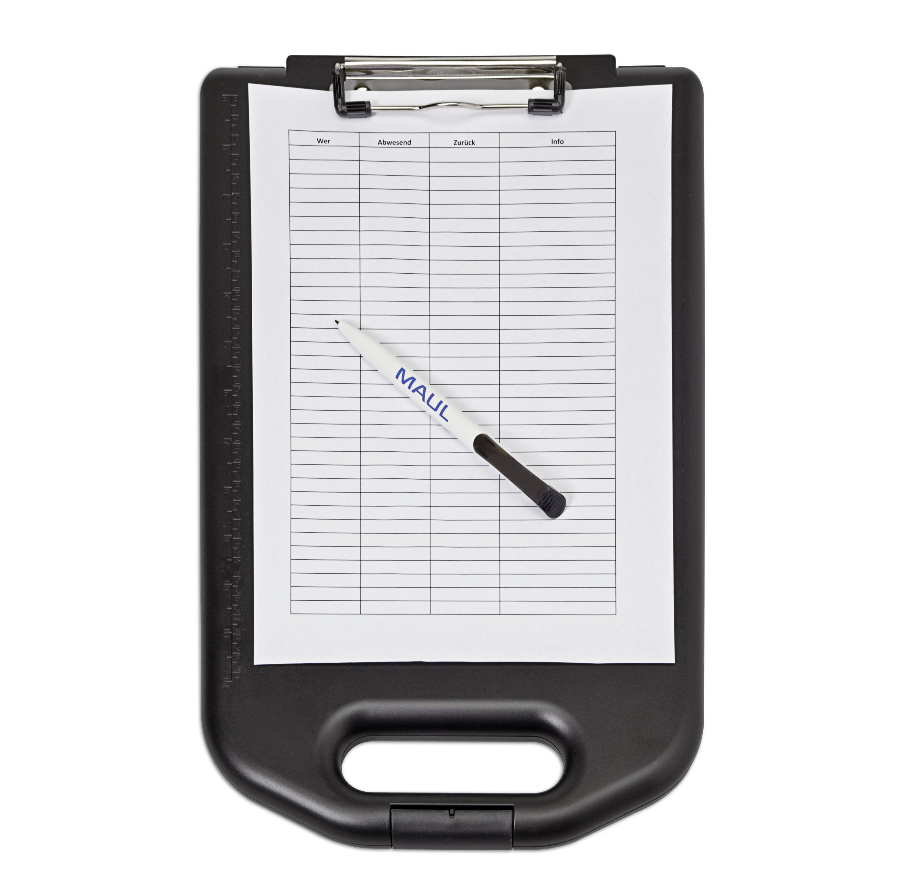 Ein Klemmbrett mit aufgelegtem Formular, das die Spalten 'Wer', 'Abwesend', 'Datum' und 'Uhr' zeigt, sowie ein Stift darauf.