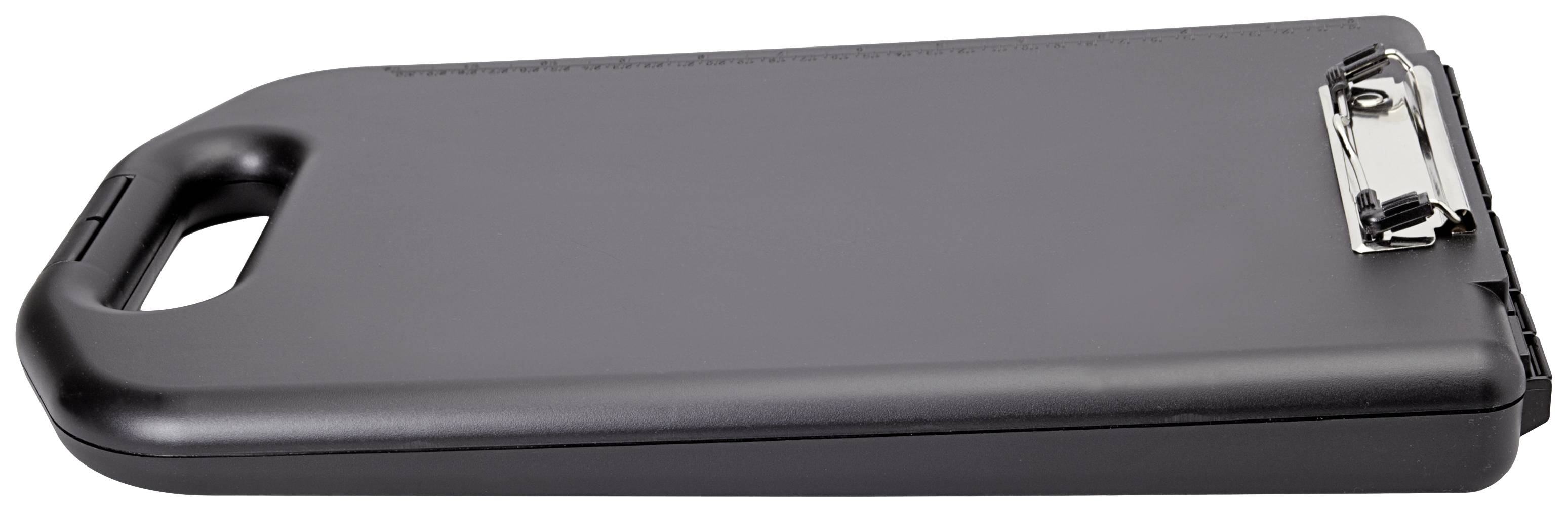 Schwarzes Klemmbrett mit integriertem Griff und Metallschiene oben, zum einfachen Transport von Dokumenten oder Notizen.