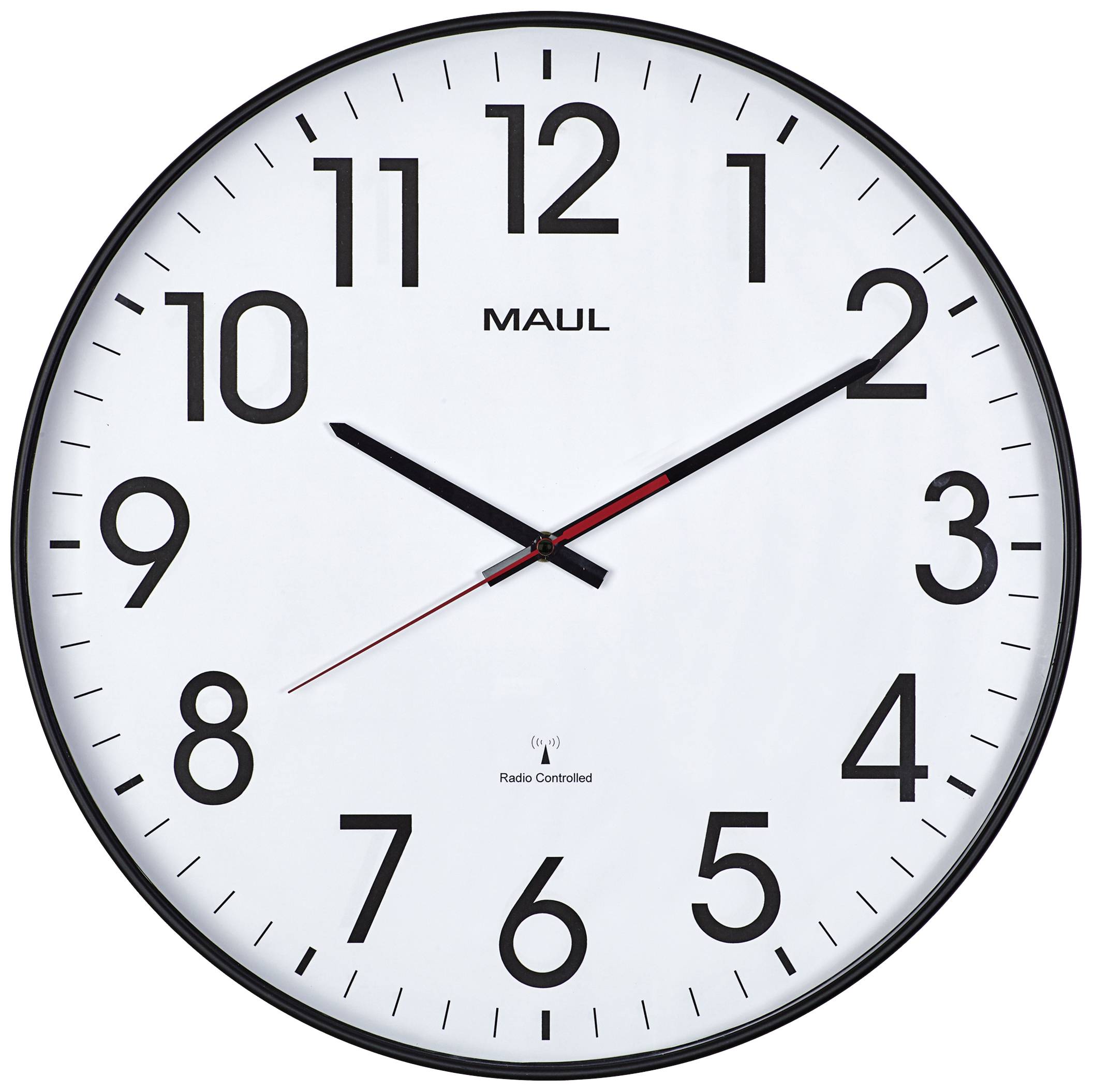 Analoge Wanduhr mit schwarzem Rahmen. Zeigt die Uhrzeit 14:10 Uhr an. Zahlen 1 bis 12 und drei Zeiger auf weißem Zifferblatt.
