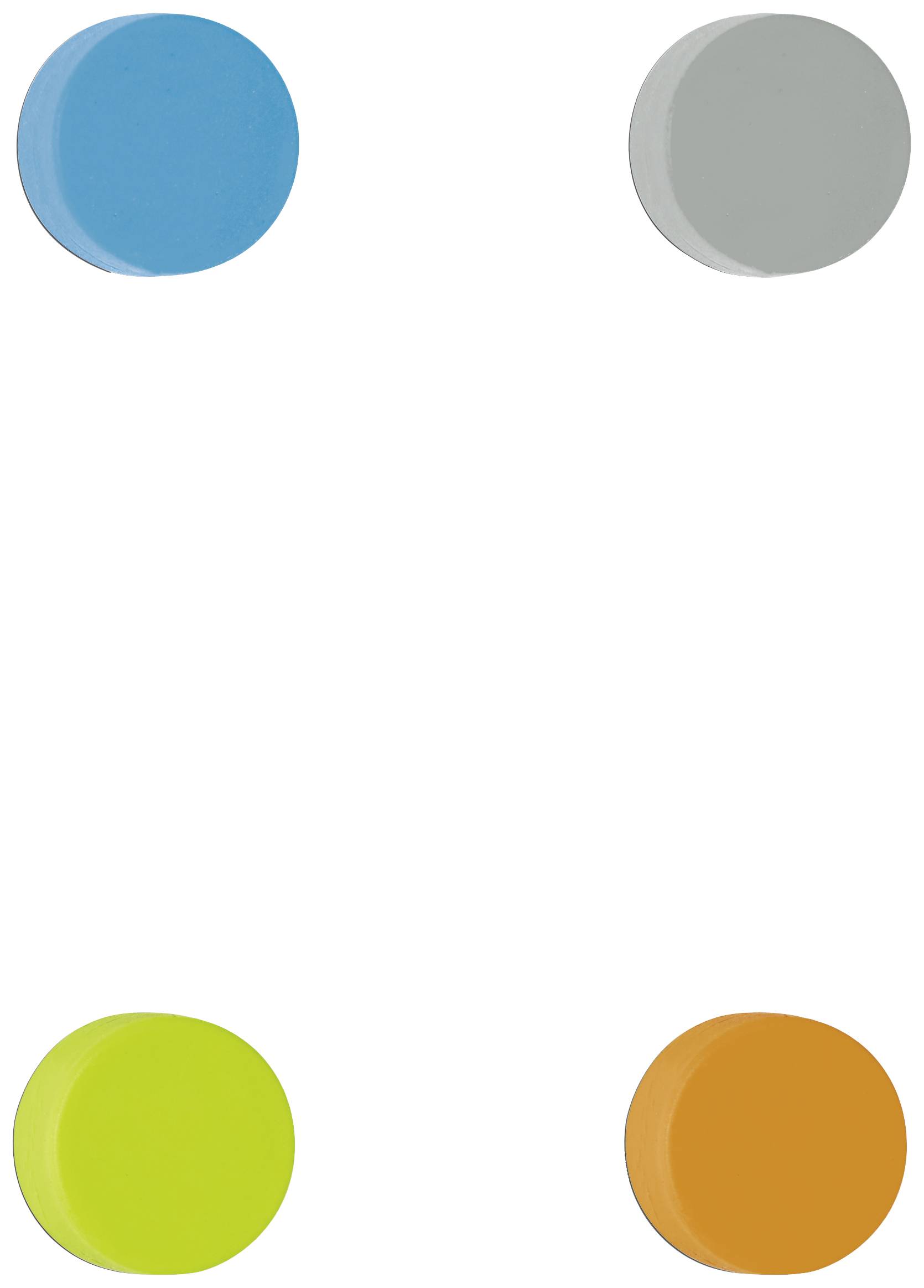 Vier runde Magnete in den Farben Blau, Grau, Grün und Orange auf weißem Hintergrund, gleichmäßig über das Bild verteilt.