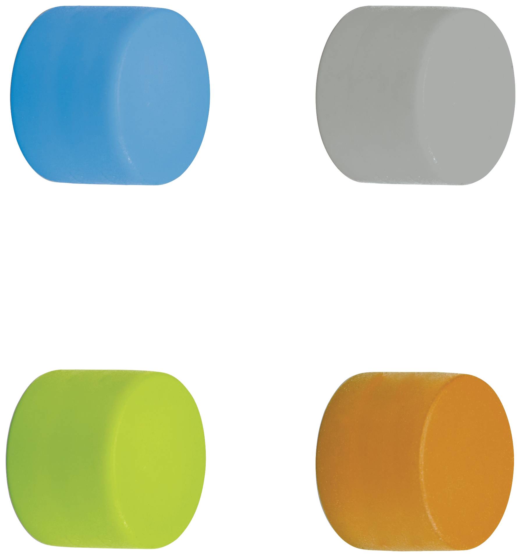 Vier zylindrische Objekte in verschiedenen Farben (blau, grau, grün, orange) nebeneinander vor weißem Hintergrund.