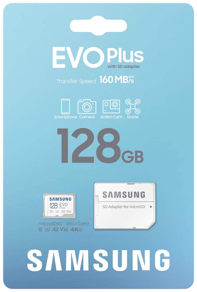 Samsung EVO Plus microSD-Karte Retail 128GB UHS-I, v30 Video Speed Class, A2 Application Performance Class inkl. SD-Adapter