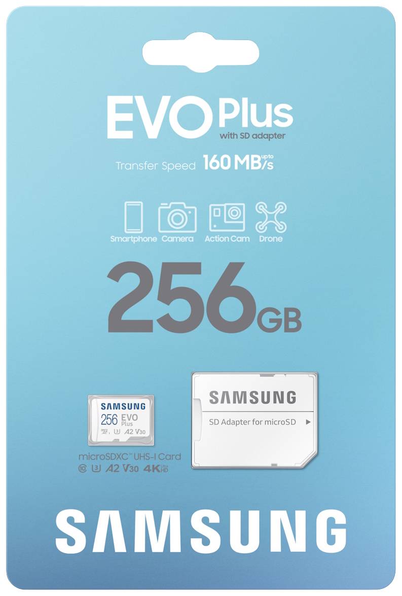 Samsung EVO Plus microSD-Karte Retail 256 GB UHS-I, v30 Video Speed Class, A2 Application Performance Class inkl. SD-Adapter