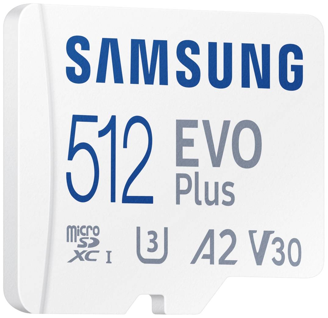Speicherkarte von Samsung, Modell 'EVO Plus' mit 512 GB Kapazität. Zeigt Symbole für MicroSDXC, U3, A2 und V30-Unterstützung.