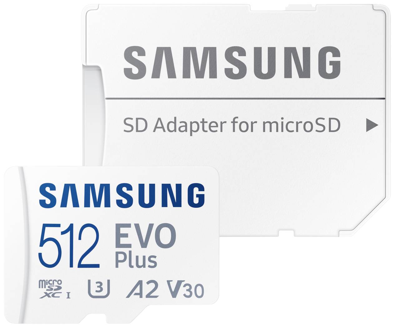 Samsung 512 EVO Plus microSD-Karte mit SD-Adapter. Unterstützt U3 und A2 für schnellere Lese- und Schreibgeschwindigkeiten.