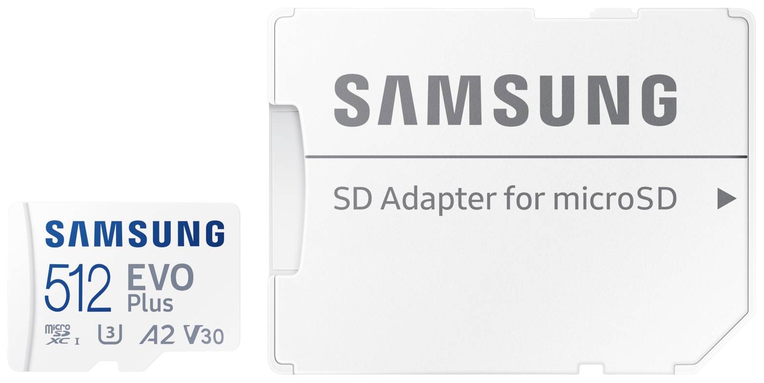 Eine Samsung EVO Plus 512GB microSD-Karte neben einem SD-Adapter, geeignet für den Einsatz in Geräten mit SD-Kartensteckplätzen.