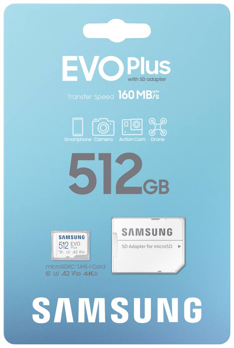 Samsung EVO Plus 512 GB microSD-Karte mit SD-Adapter, Übertragungsgeschwindigkeit 160 MB/s, geeignet für Smartphone, Kamera, Drohne.