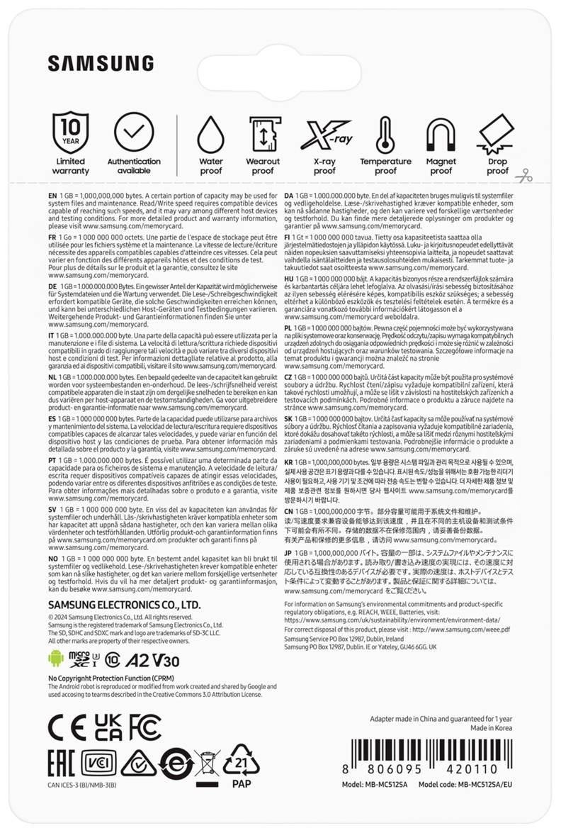Rückseite einer Samsung-Speicherkarte-Verpackung mit Garantieinformationen, Wasserfestigkeit, Temperatur- und Magnetresistenz-Symbolen.