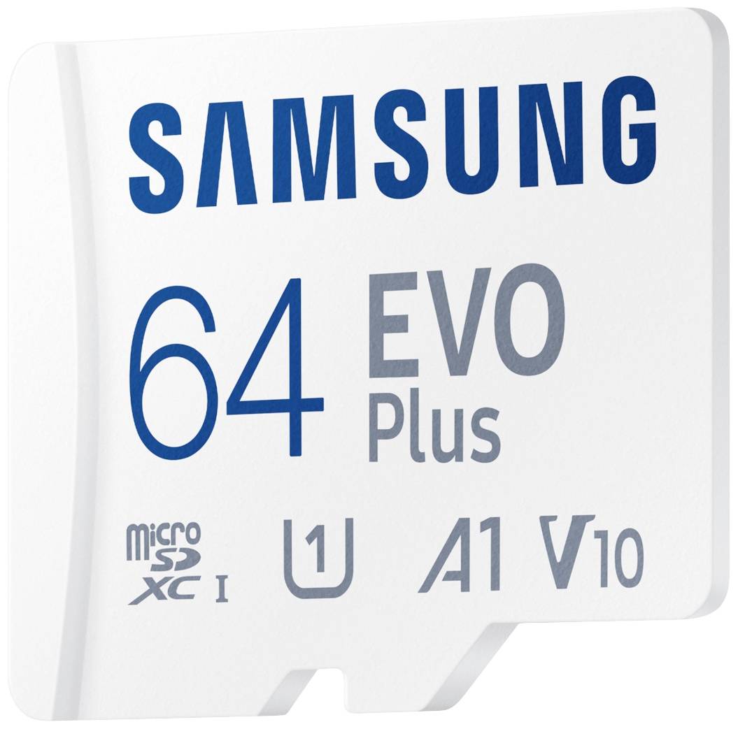 Weiße Samsung 64 GB microSD-Karte der EVO Plus Serie, geeignet für schnelles Lesen/Schreiben, mit U1, A1, V10 Klassifikation.