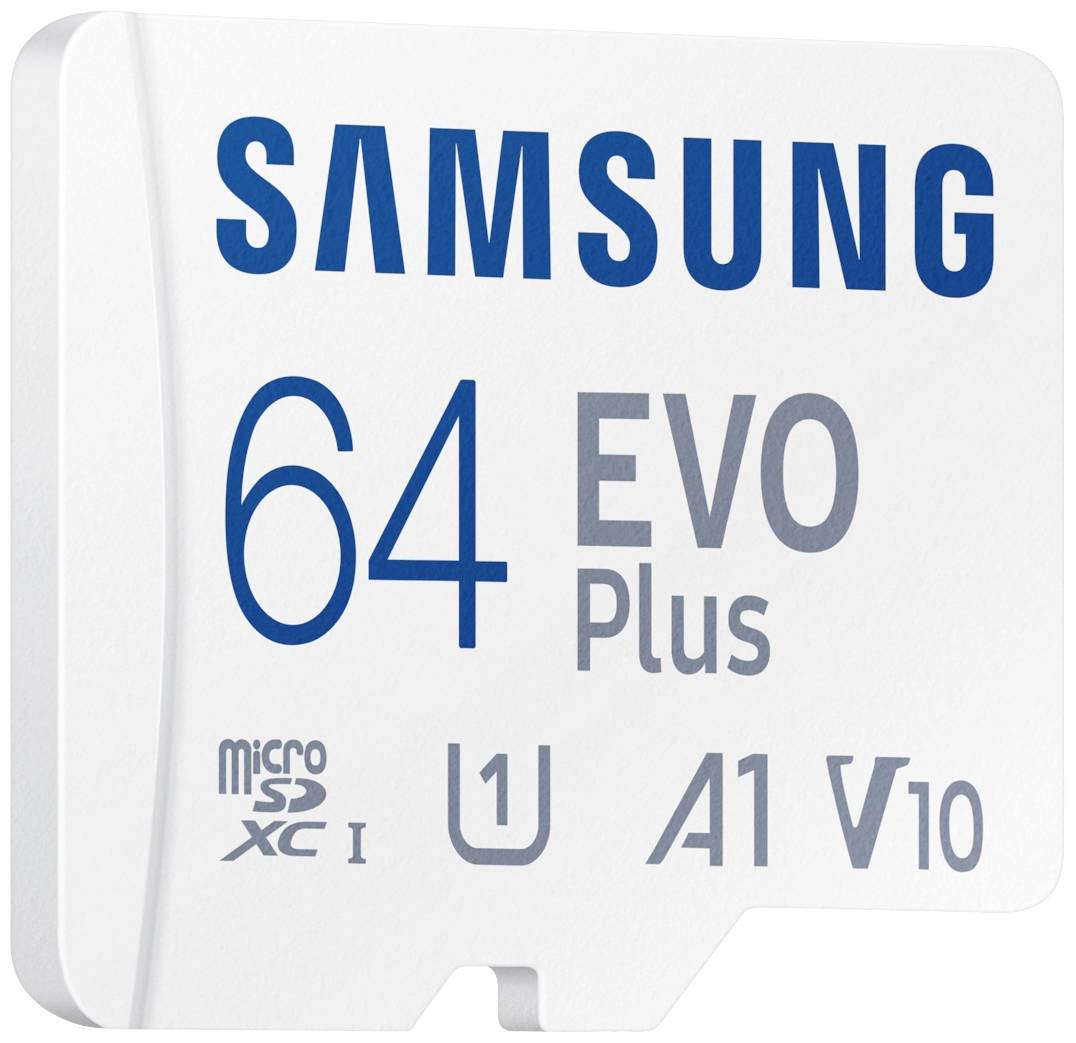 Eine weiße Samsung 64GB EVO Plus microSD-Karte mit Symbolen für Geschwindigkeitsklasse U1, A1, V10 und SDXC-Kompatibilität.