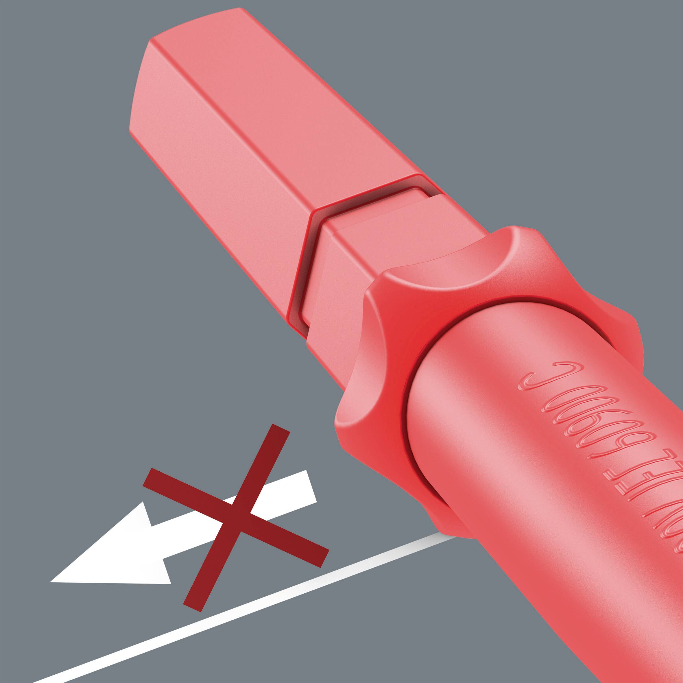 Ein roter Stift wird falsch in eine Verschlusskappe eingeführt. Ein rotes Kreuz und ein Pfeil zeigen, dass dies nicht korrekt ist.